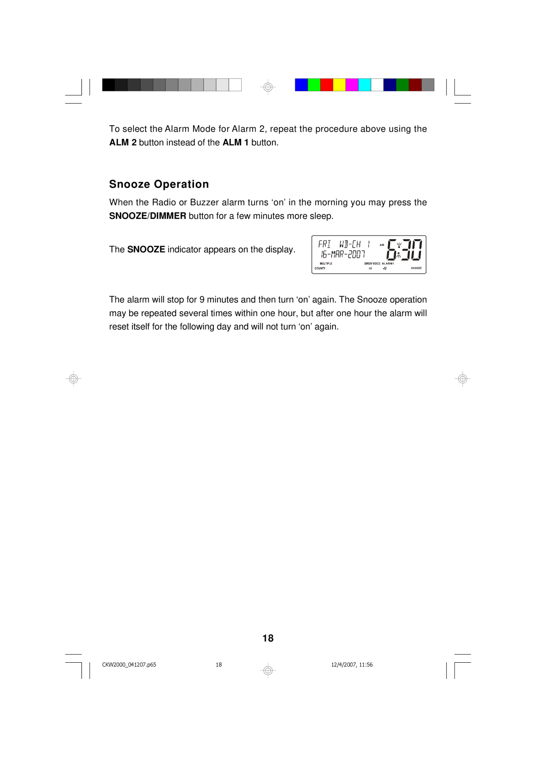 Emerson CKW2000 owner manual Snooze Operation 