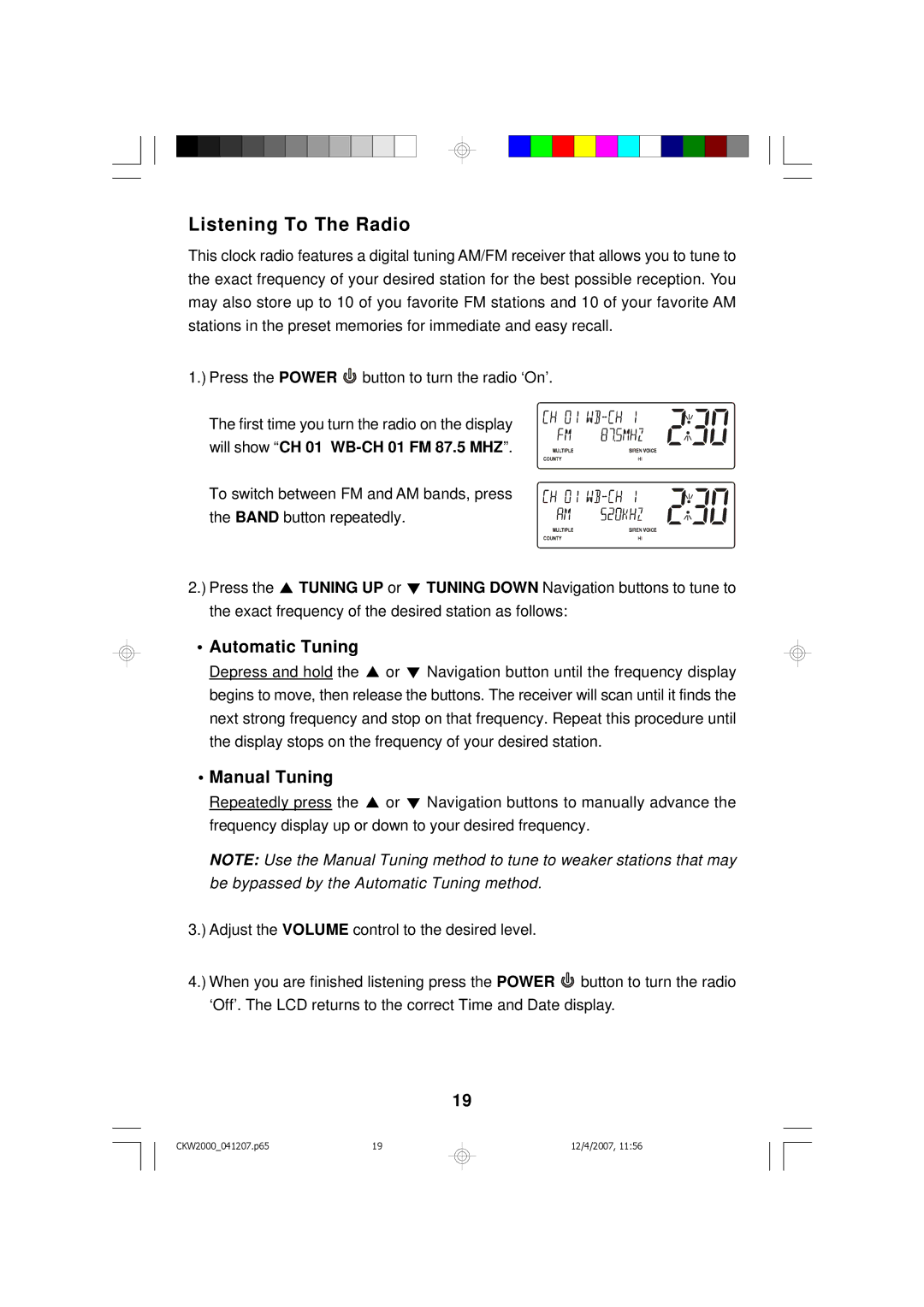 Emerson CKW2000 owner manual Listening To The Radio, Automatic Tuning, Manual Tuning 