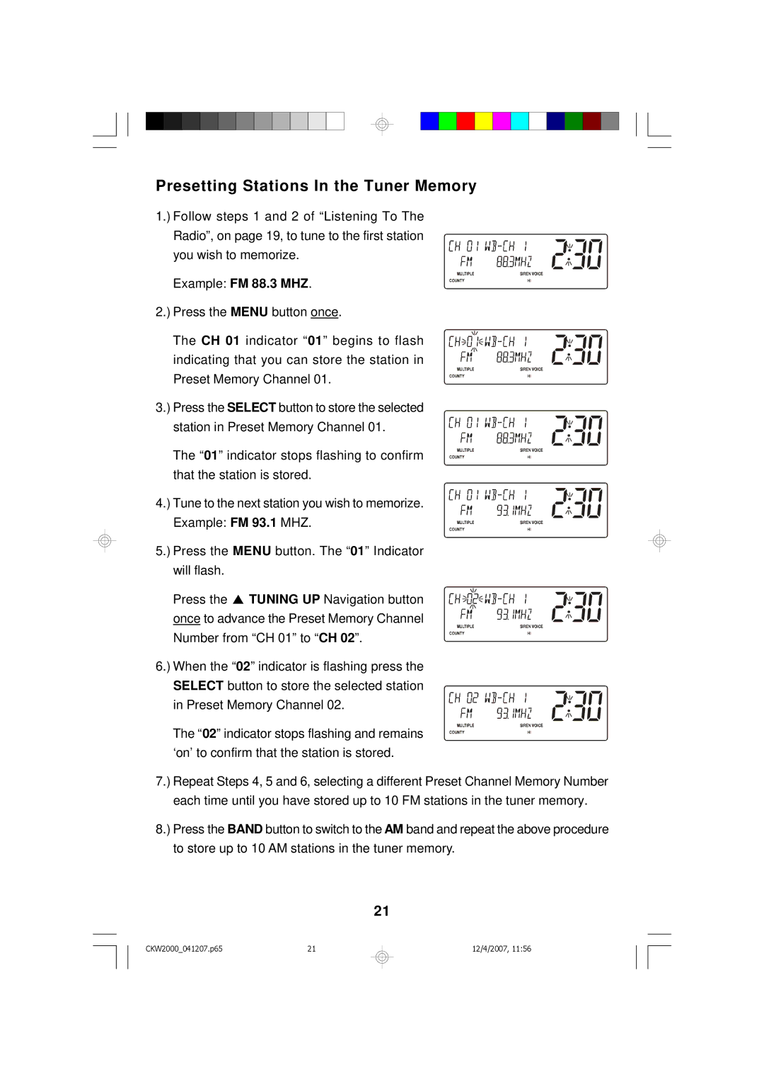 Emerson CKW2000 owner manual Presetting Stations In the Tuner Memory, Example FM 88.3 MHZ 