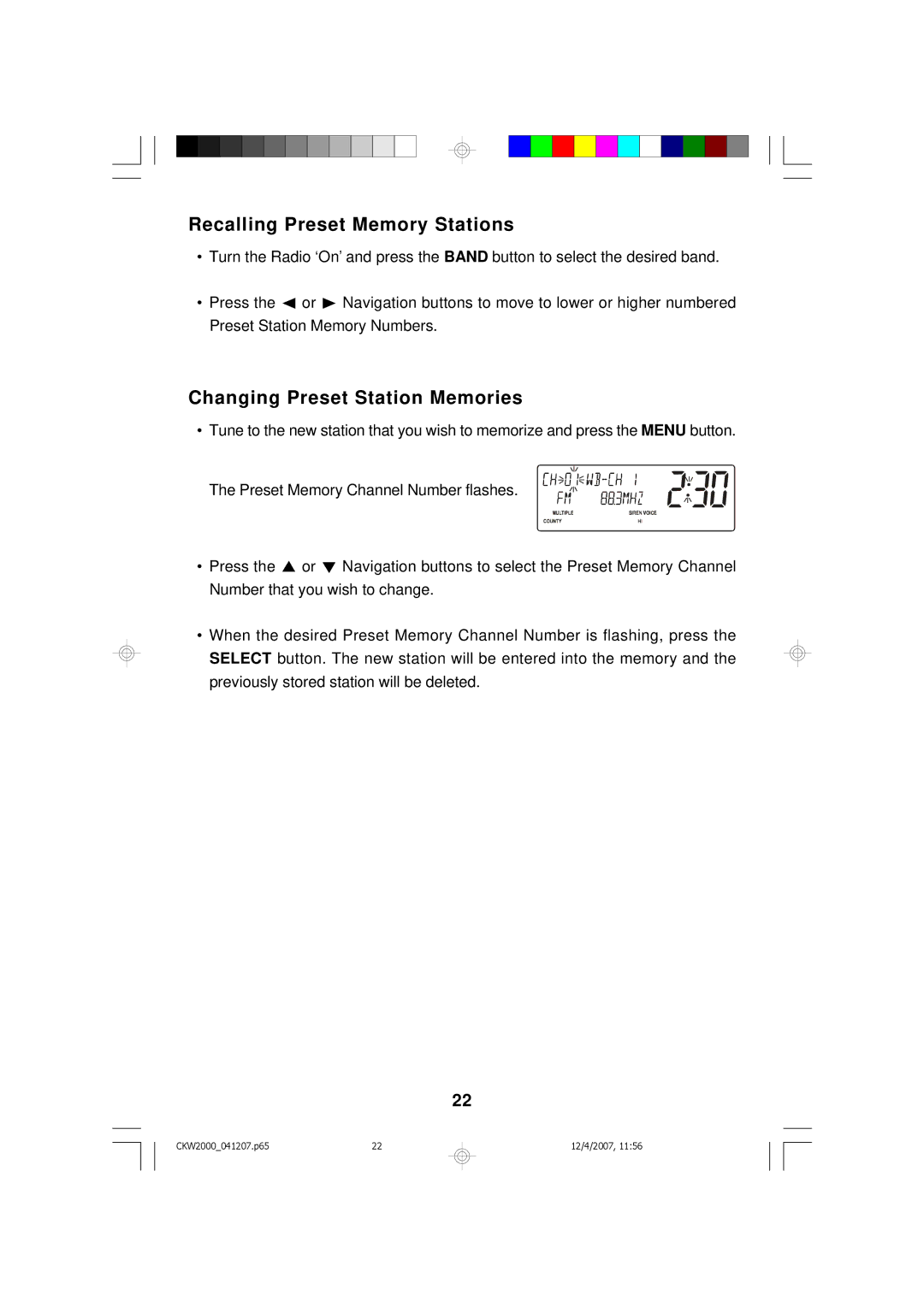 Emerson CKW2000 owner manual Recalling Preset Memory Stations, Changing Preset Station Memories 