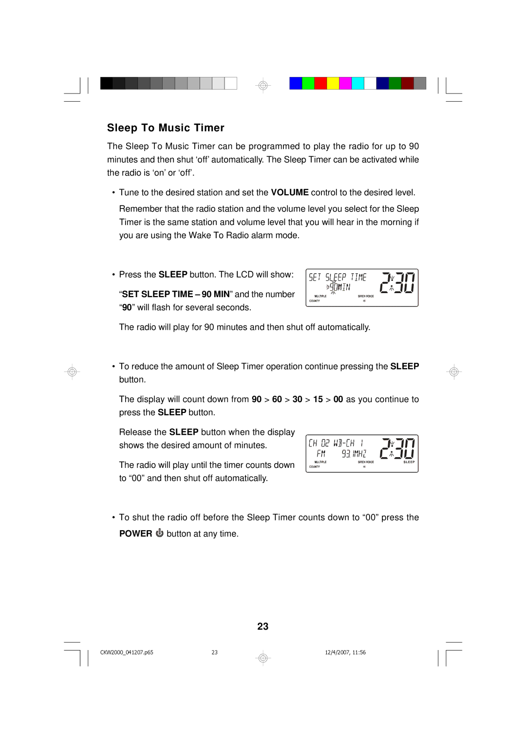 Emerson CKW2000 owner manual Sleep To Music Timer 