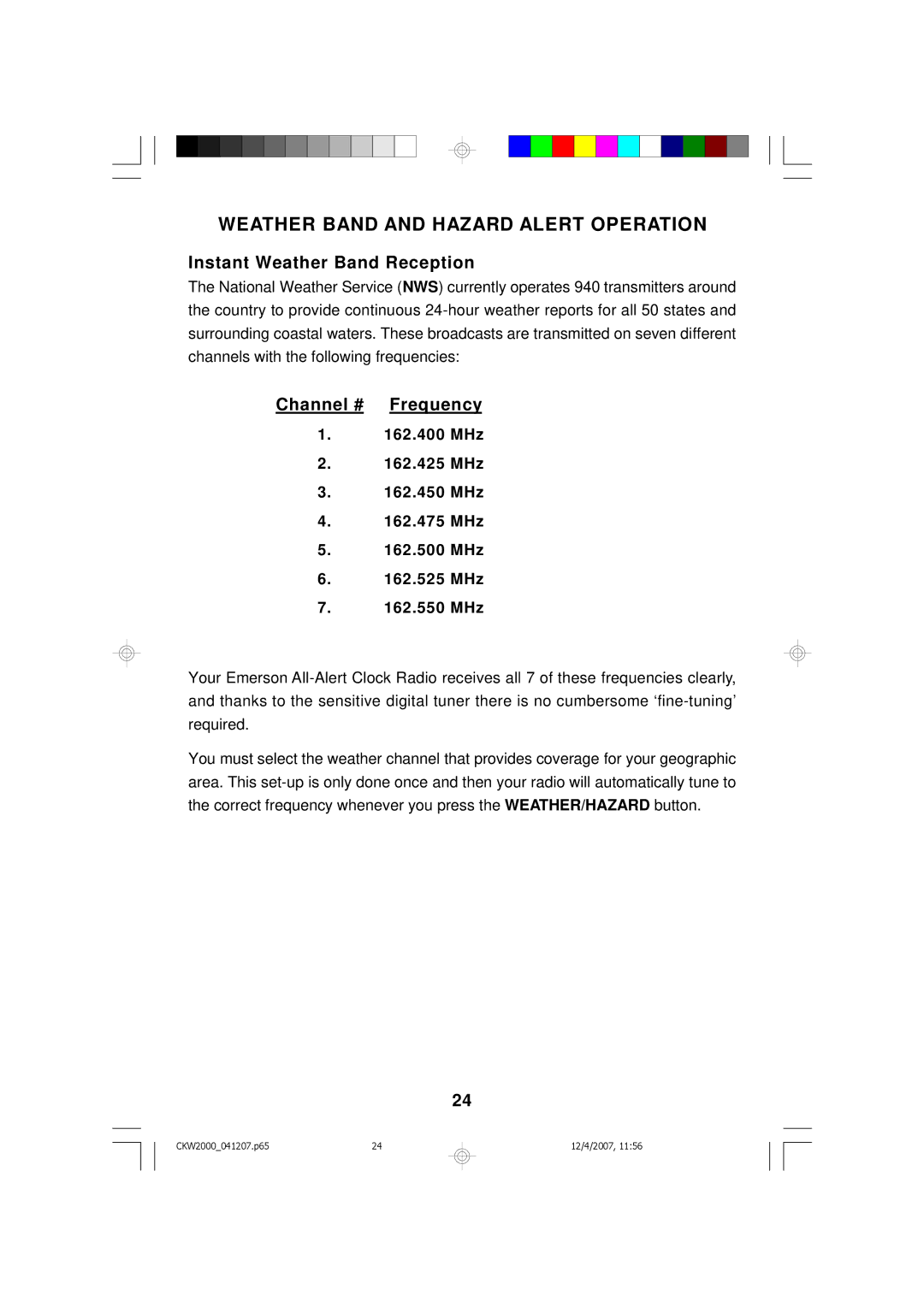 Emerson CKW2000 owner manual Instant Weather Band Reception, Channel # Frequency 