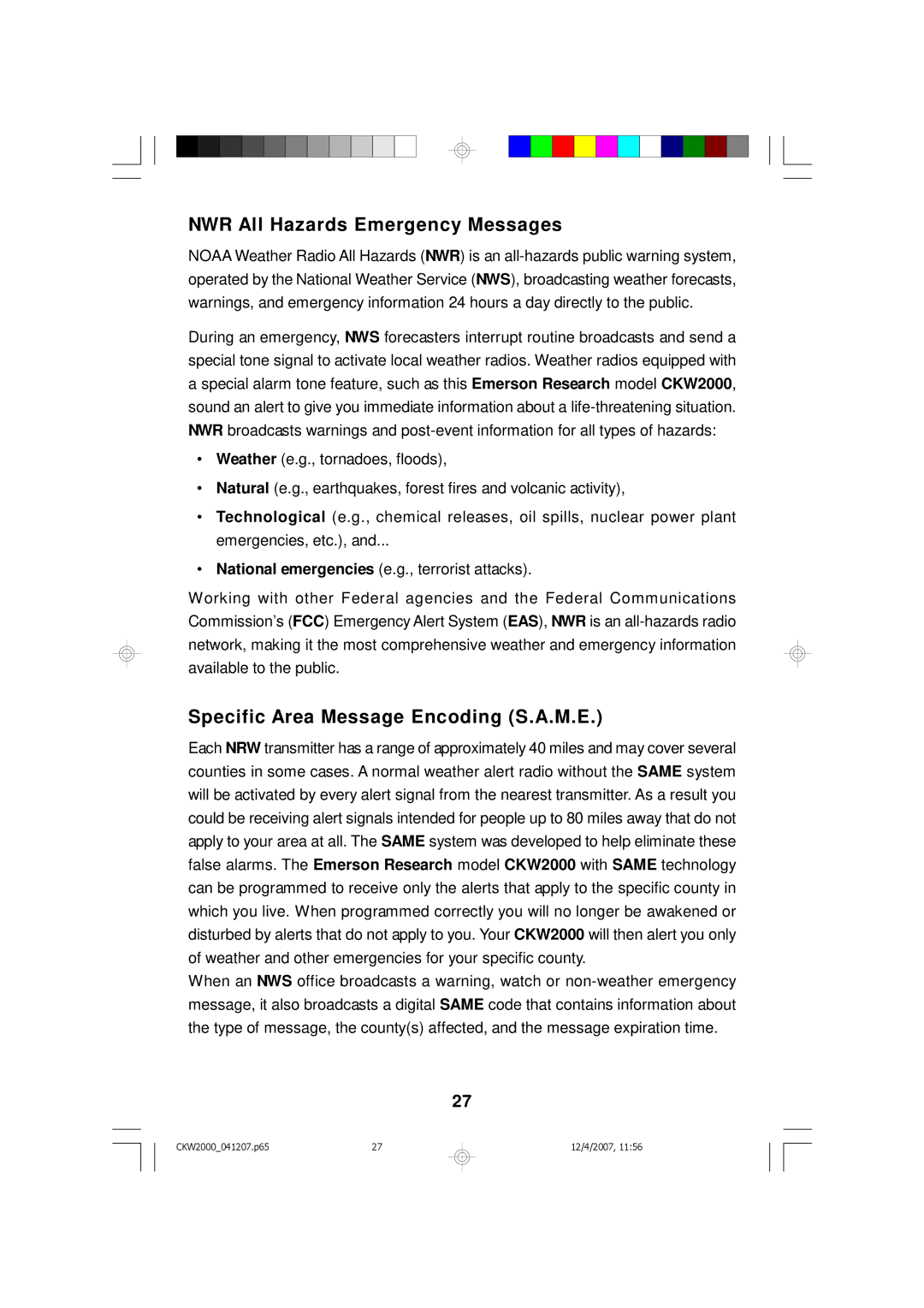 Emerson CKW2000 owner manual NWR All Hazards Emergency Messages, Specific Area Message Encoding S.A.M.E 