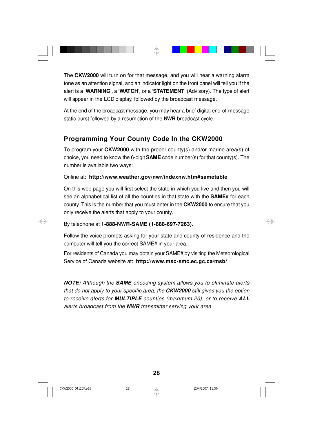 Emerson owner manual Programming Your County Code In the CKW2000, By telephone at 1-888-NWR-SAME 