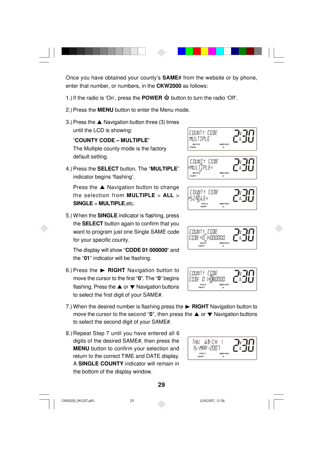 Emerson CKW2000 owner manual County Code Multiple 