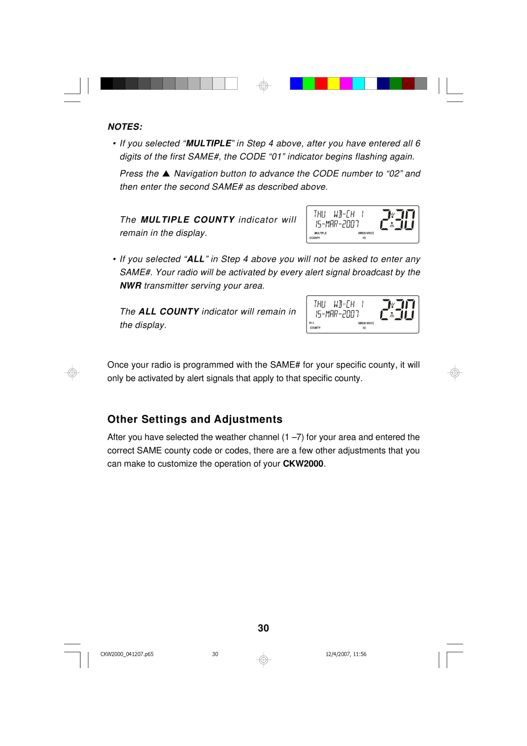 Emerson CKW2000 owner manual Other Settings and Adjustments 