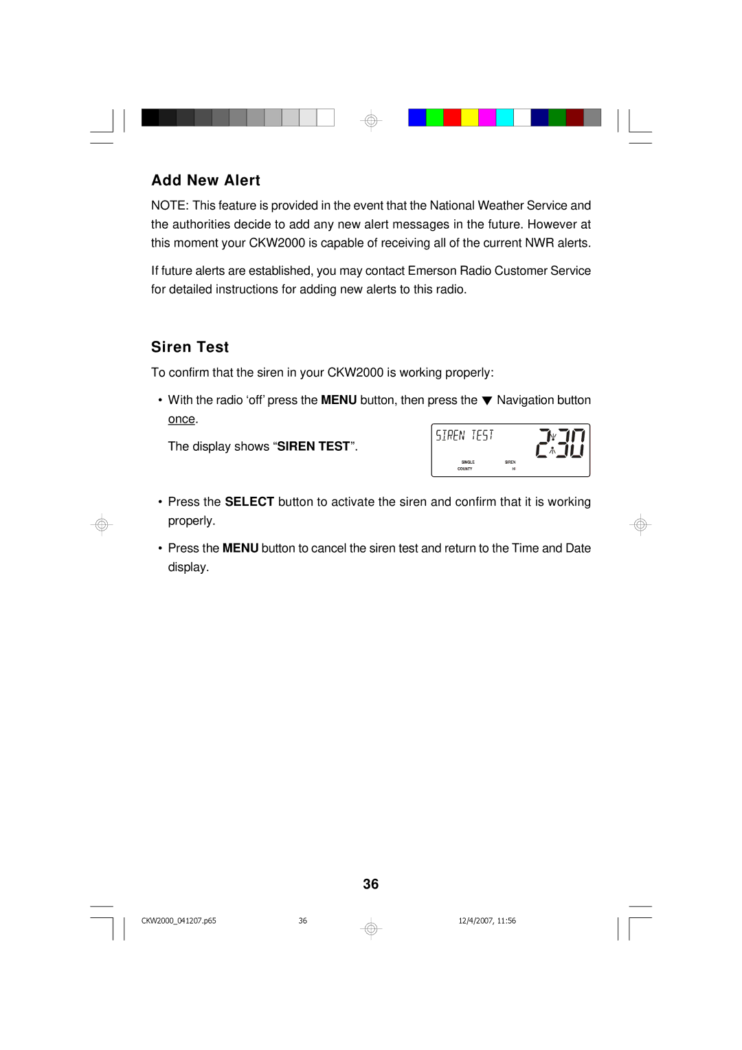 Emerson CKW2000 owner manual Add New Alert, Siren Test 