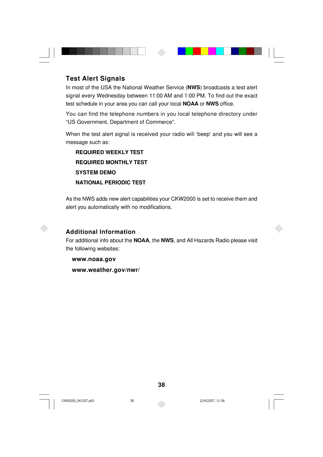 Emerson CKW2000 owner manual Test Alert Signals, Additional Information 