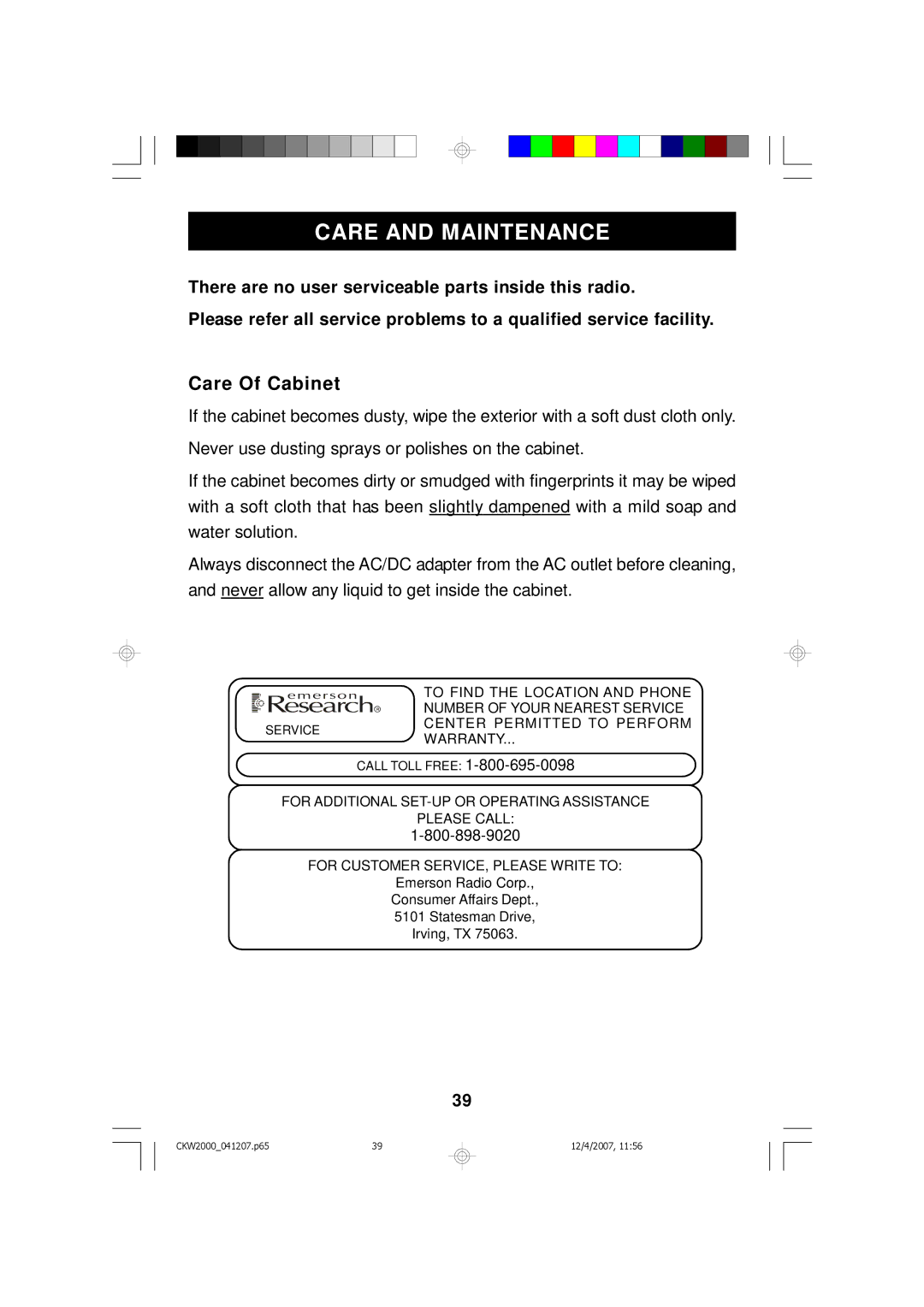 Emerson CKW2000 owner manual Care and Maintenance, Care Of Cabinet 