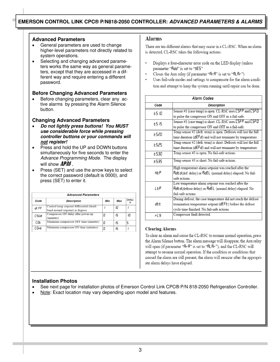 Emerson CL-RSC manual Before Changing Advanced Parameters, Installation Photos 