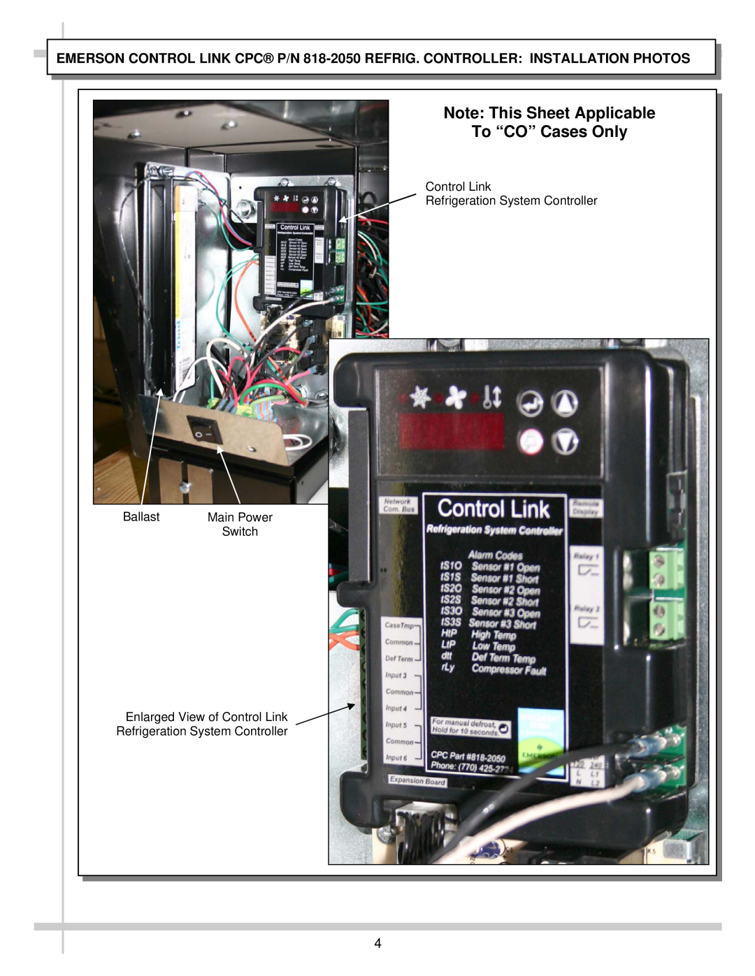 Emerson CL-RSC manual Note This Sheet Applicable To “CO” Cases Only, Control Link Refrigeration System Controller, Ballast 
