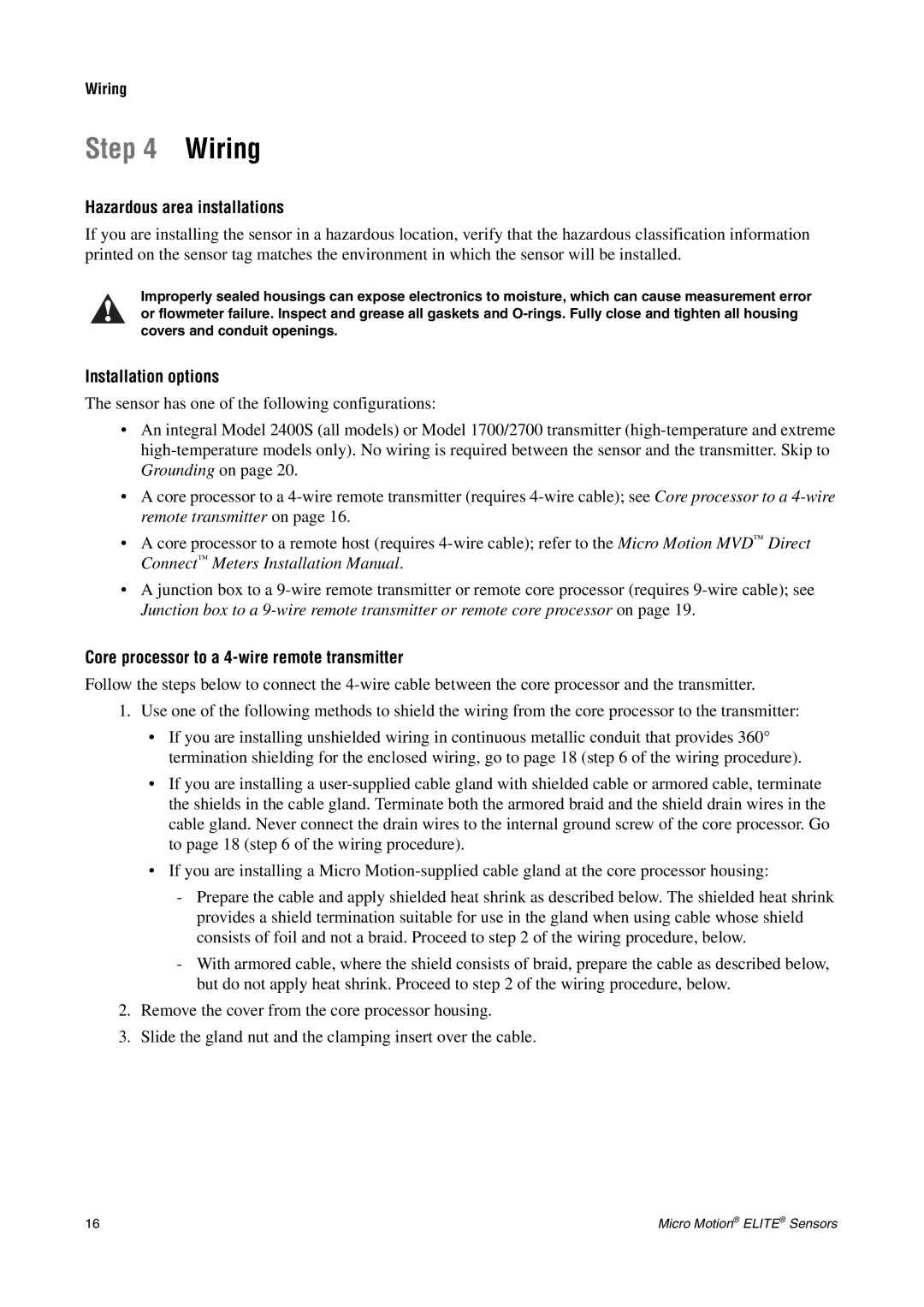 Emerson CMF200A installation manual Wiring, Core processor to a 4-wire remote transmitter 