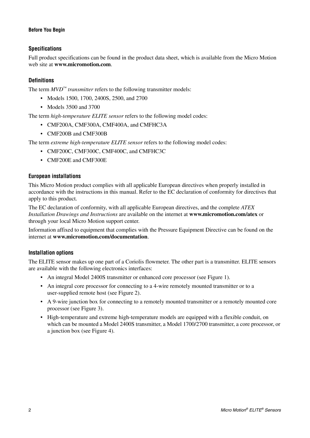 Emerson CMF200A installation manual Specifications Definitions, European installations, Installation options 