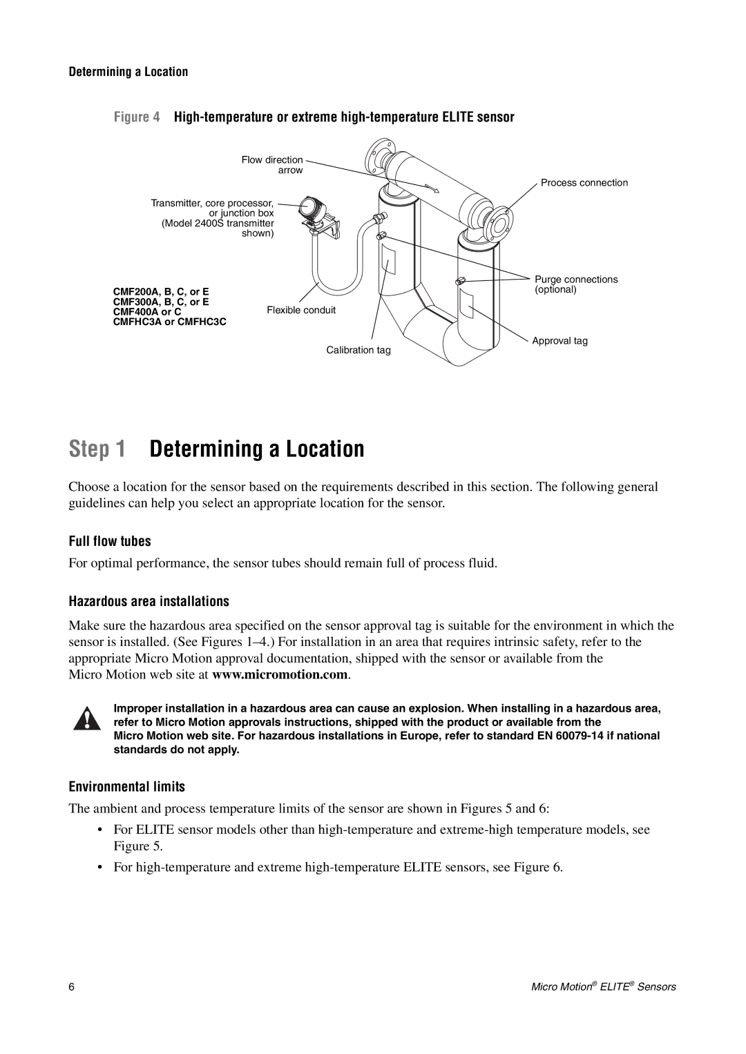 Emerson CMF200A Determining a Location, Full flow tubes, Hazardous area installations, Environmental limits 