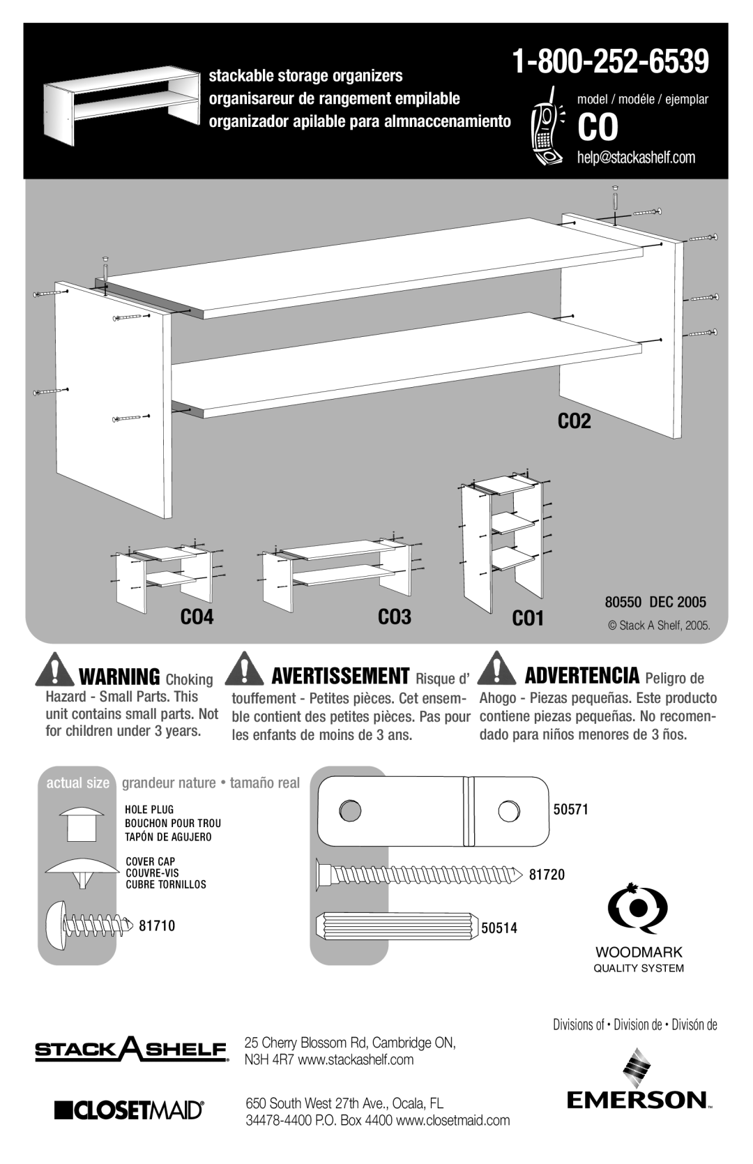 Emerson CO2 manual CO4 CO3 CO1, Stackable storage organizers, Avertissement Risque d’ Advertencia Peligro de 