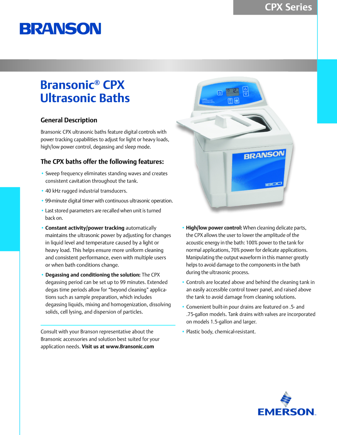 Emerson CPX Series manual General Description, CPX baths offer the following features 