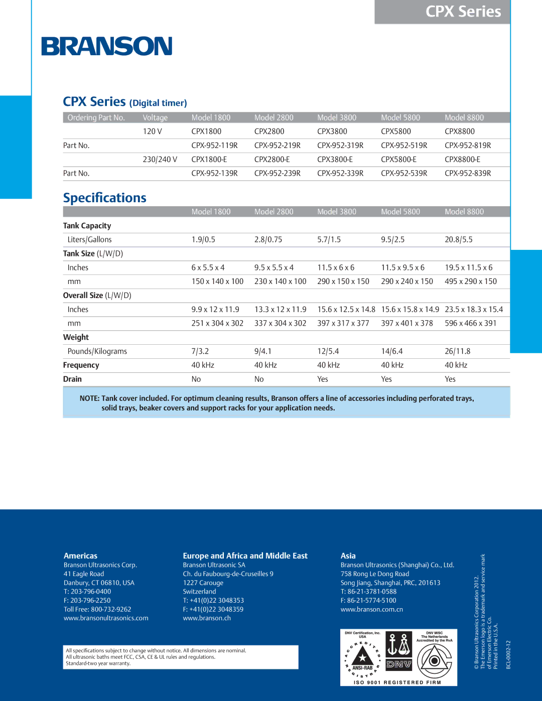 Emerson CPX Series manual Tank Capacity, Tank Size L/W/D, Overall Size L/W/D, Weight, Frequency, Drain 