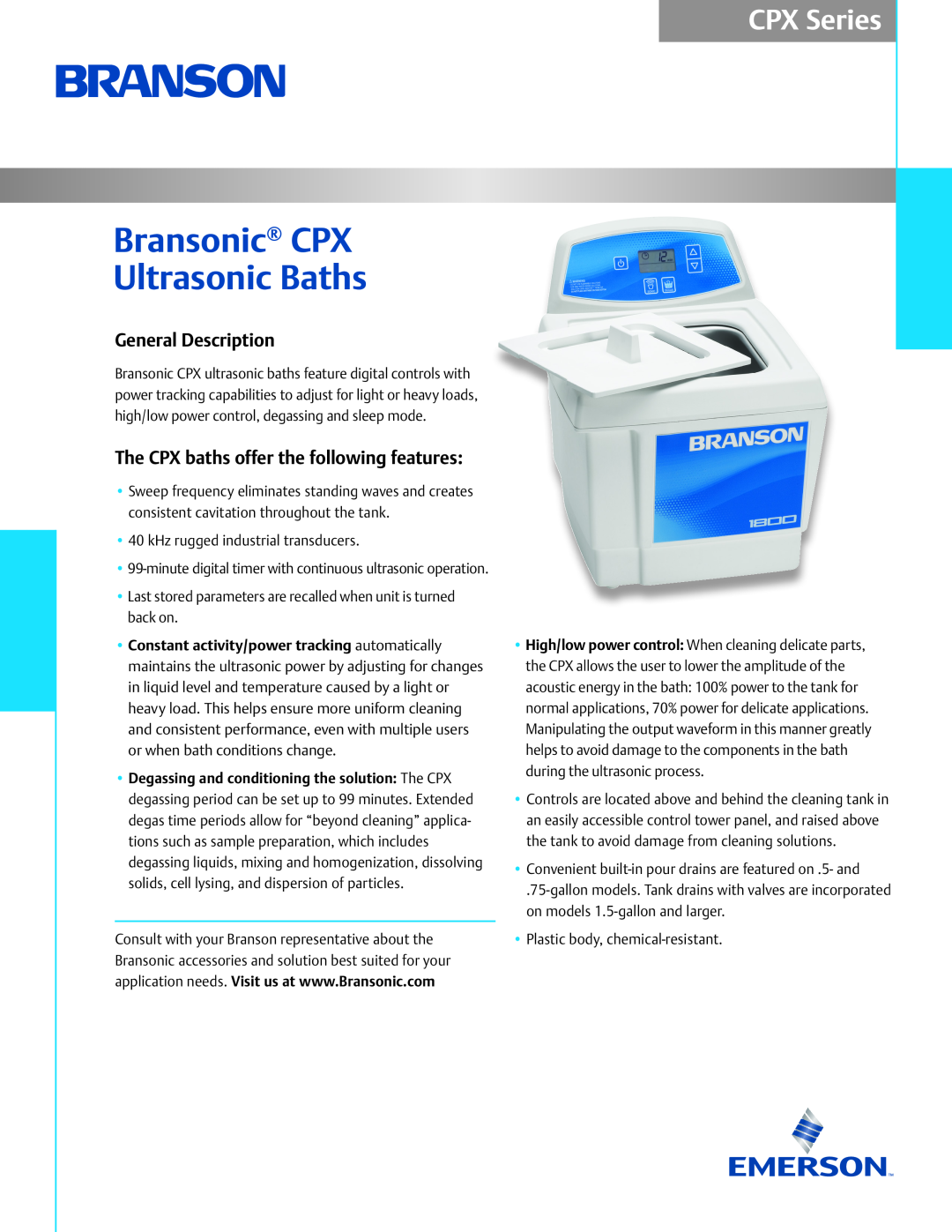 Emerson CPX Series manual Bransonic CPX Ultrasonic Baths, General Description, The CPX baths offer the following features 