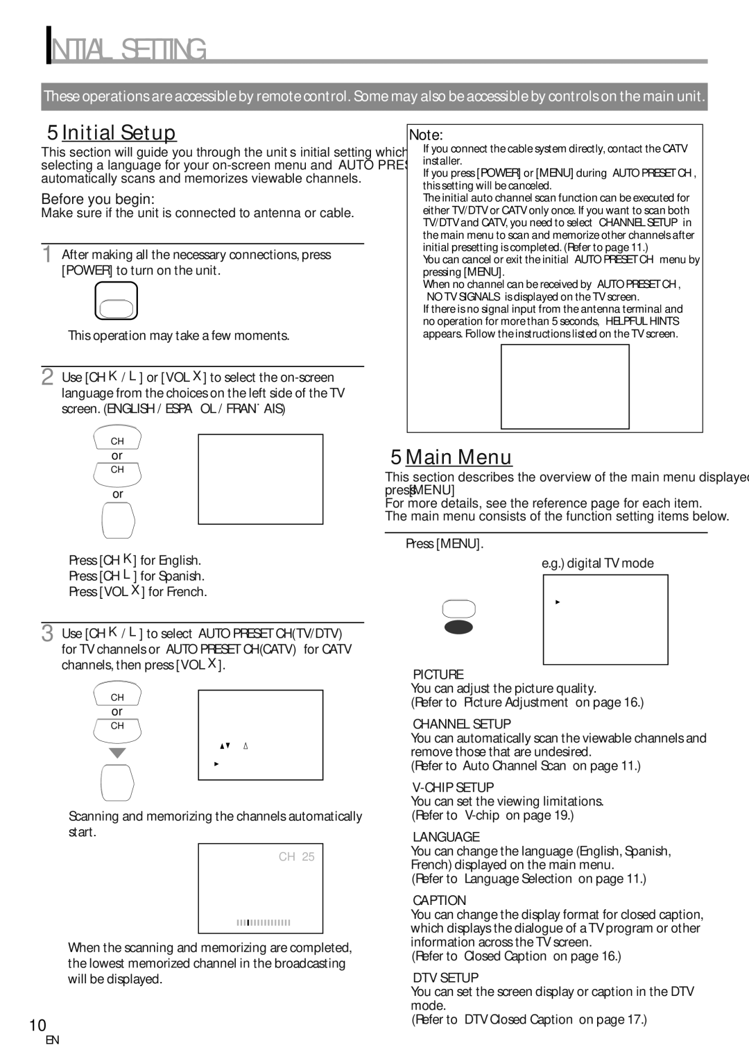 Emerson CR202EM8 Initial Setting, 5Initial Setup, 5Main Menu, Make sure if the unit is connected to antenna or cable 