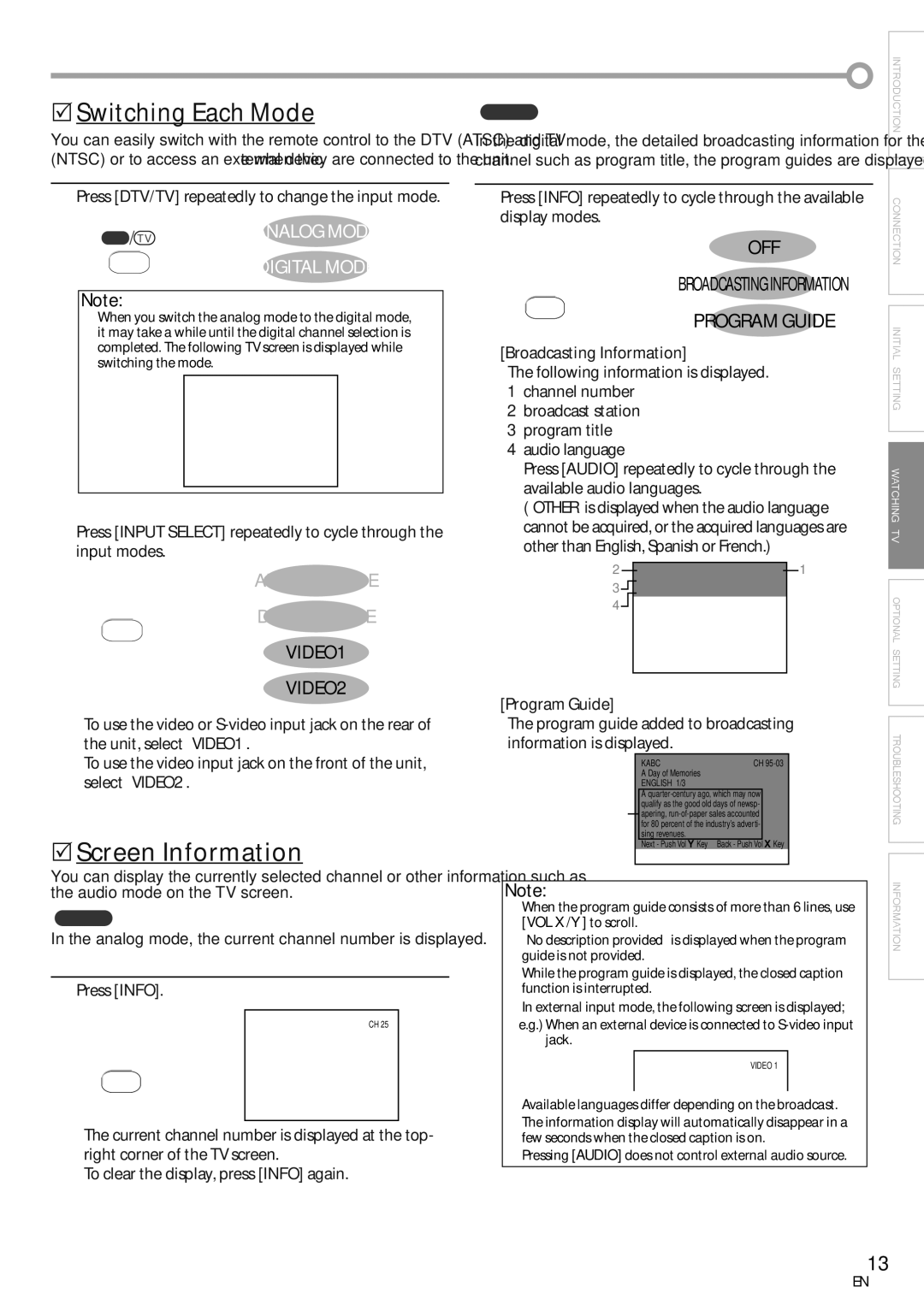 Emerson CR202EM8 owner manual 5Switching Each Mode, 5Screen Information, Analog Mode, Digital Mode, VIDEO1 