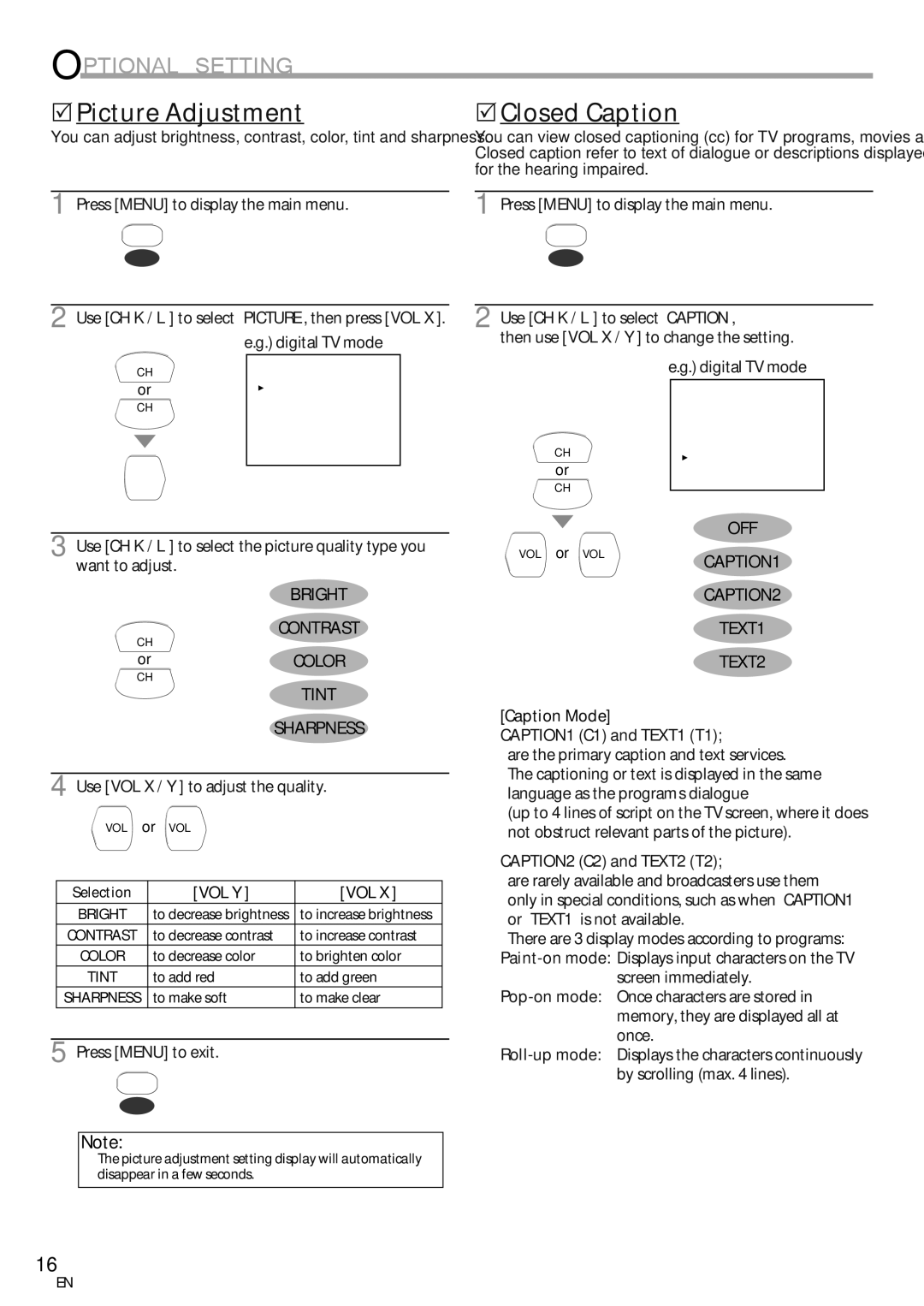 Emerson CR202EM8 owner manual 5Picture Adjustment, Bright Contrast, Tint Sharpness, Off 