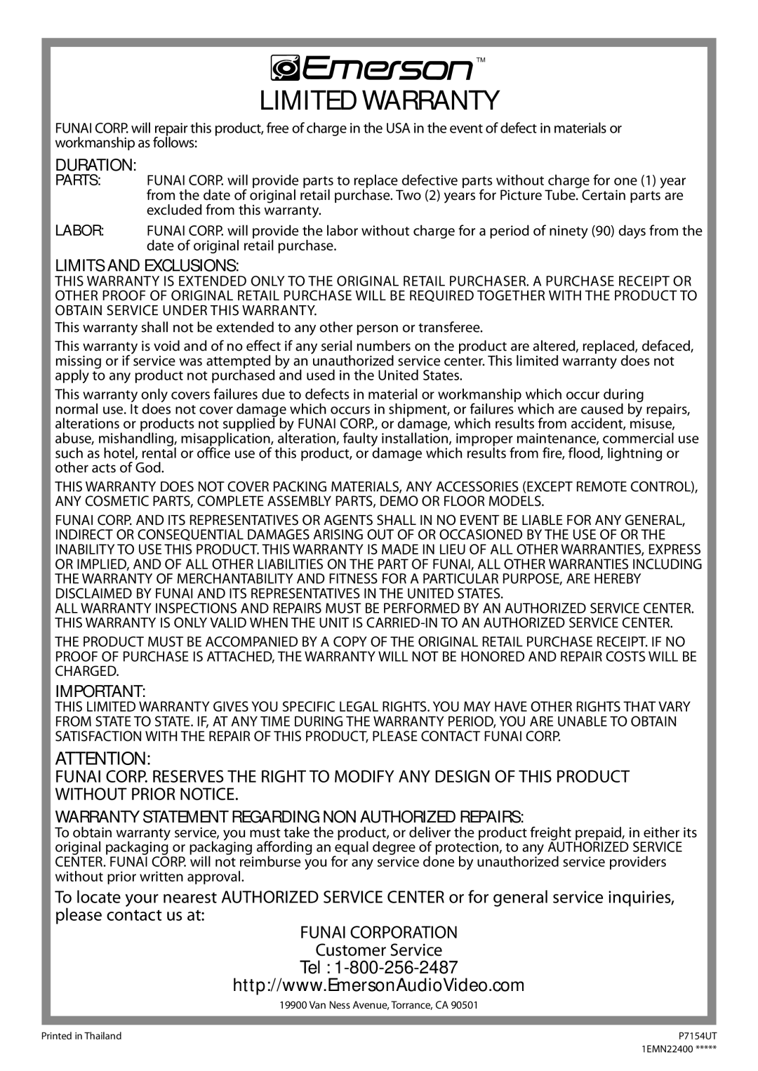 Emerson CR202EM8 owner manual Limited Warranty 