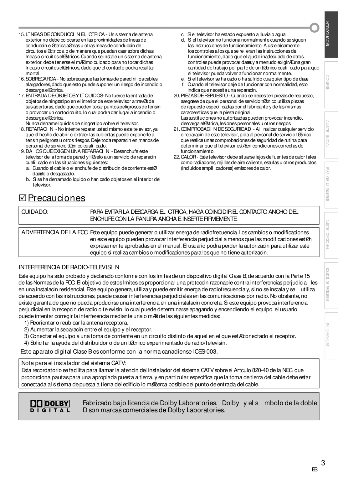 Emerson CR202EM8 owner manual Precauciones, Cuidado, Interferencia DE RADIO-TELEVISIÓN 