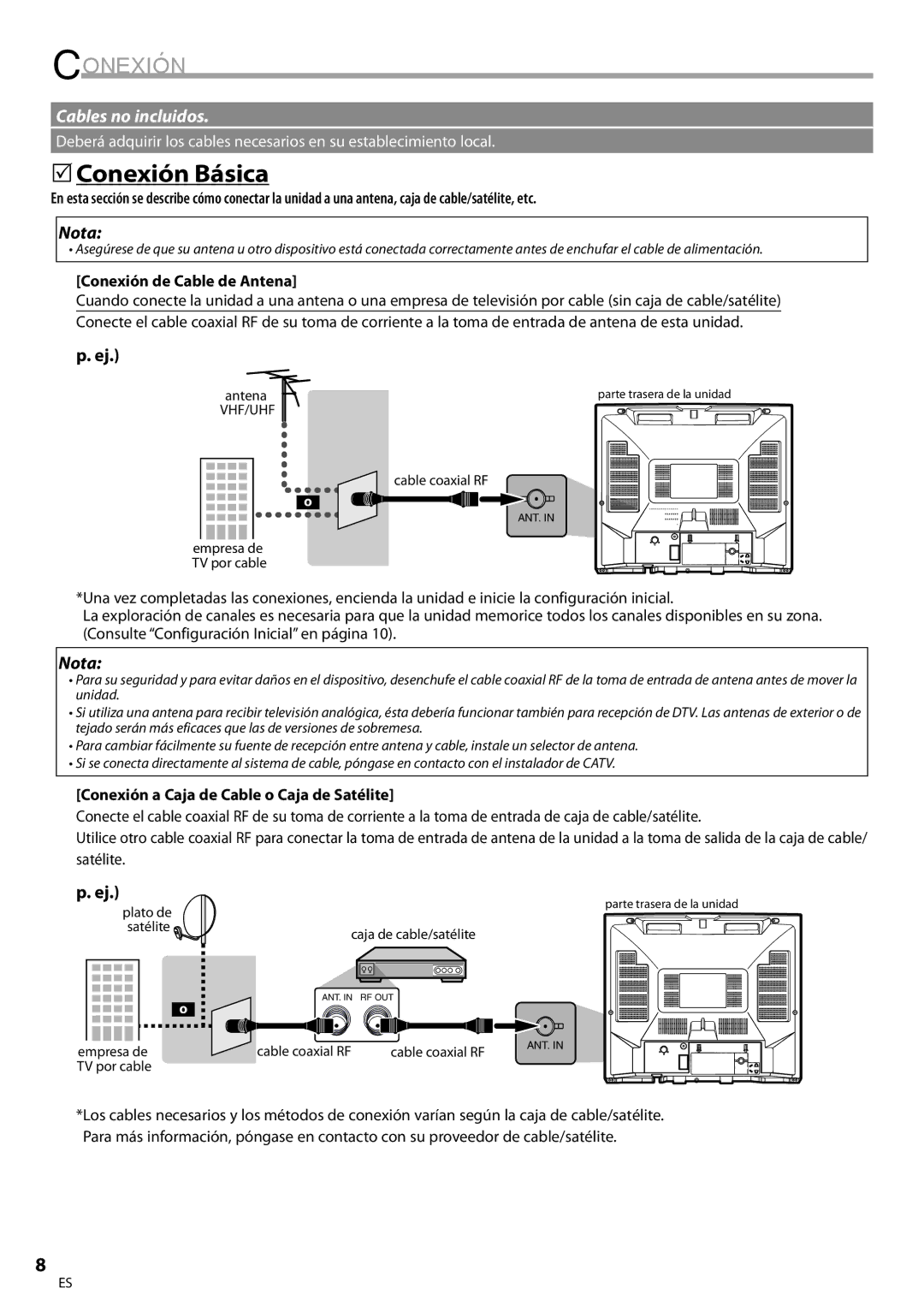 Emerson CR202EM8 5Conexión Básica, Conexión de Cable de Antena, Conexión a Caja de Cable o Caja de Satélite 