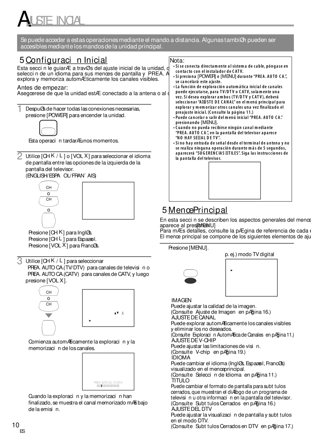 Emerson CR202EM8 owner manual Ajuste Inicial, 5Configuración Inicial, 5Menú Principal 