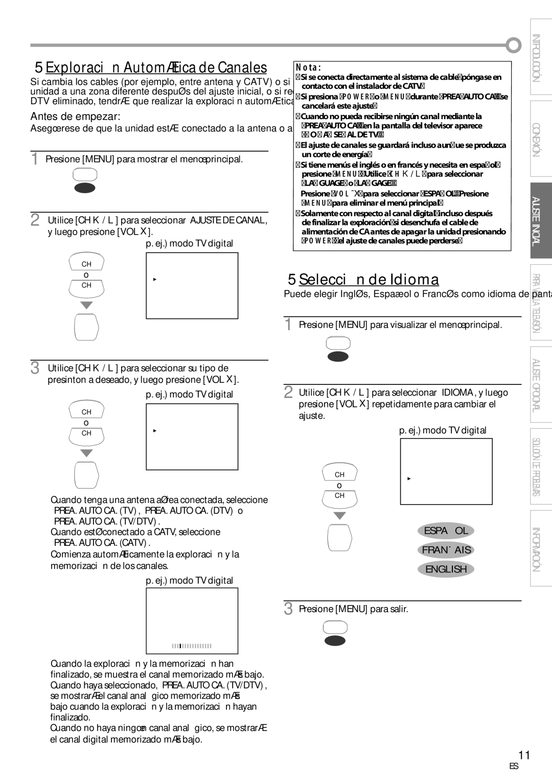 Emerson CR202EM8 owner manual 5Selección de Idioma, Español, Français English 