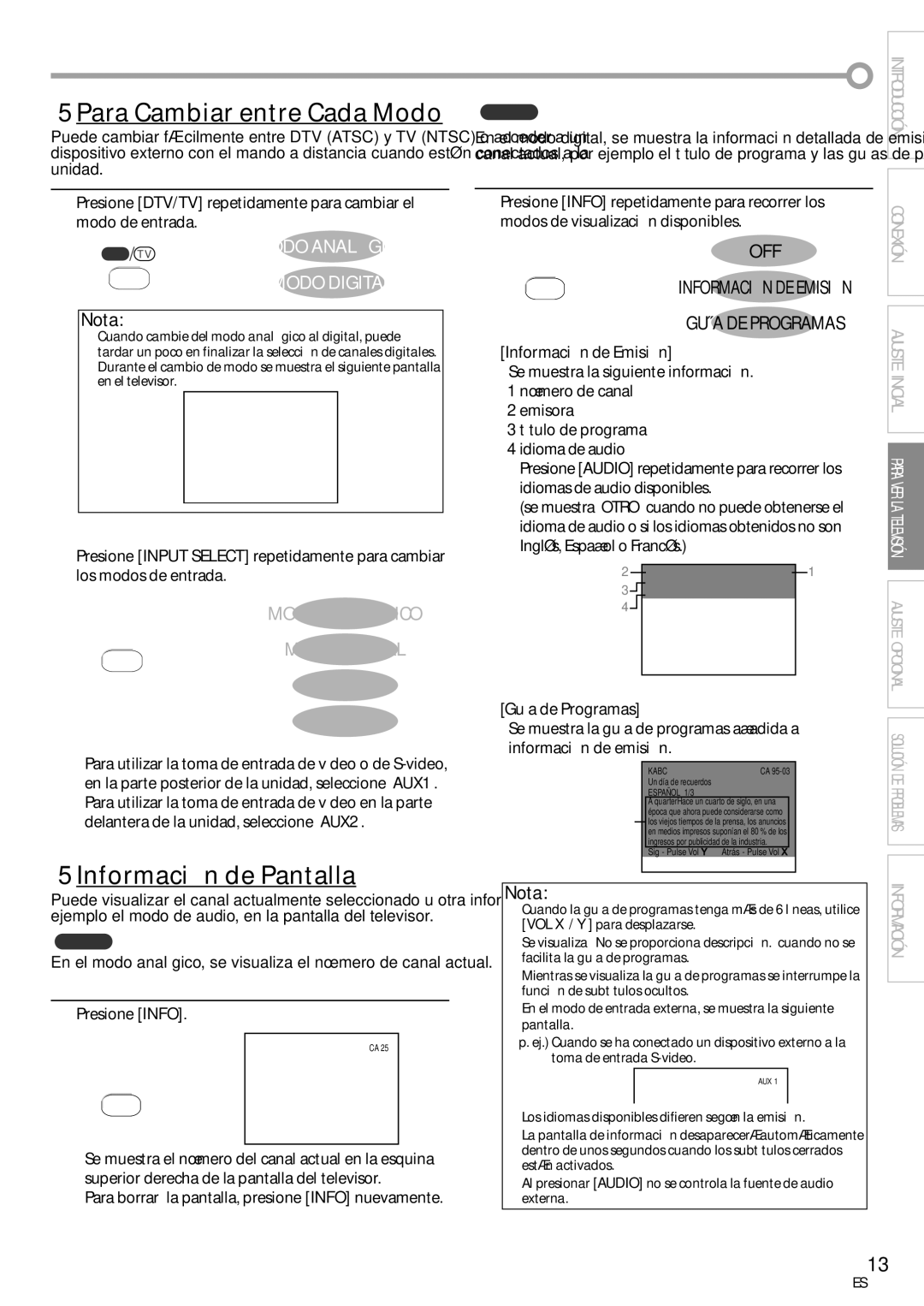 Emerson CR202EM8 owner manual 5Para Cambiar entre Cada Modo, 5Información de Pantalla, Modo Analógico, Modo Digital, AUX1 