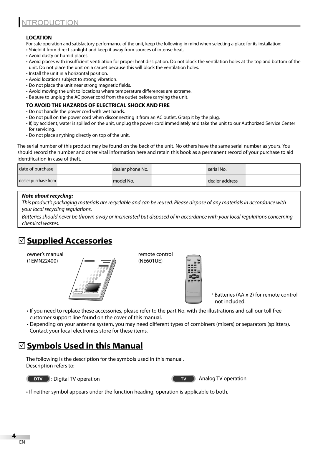 Emerson CR202EM8 owner manual 5Supplied Accessories, 5Symbols Used in this Manual, Location, 1EMN22400 NE601UE 