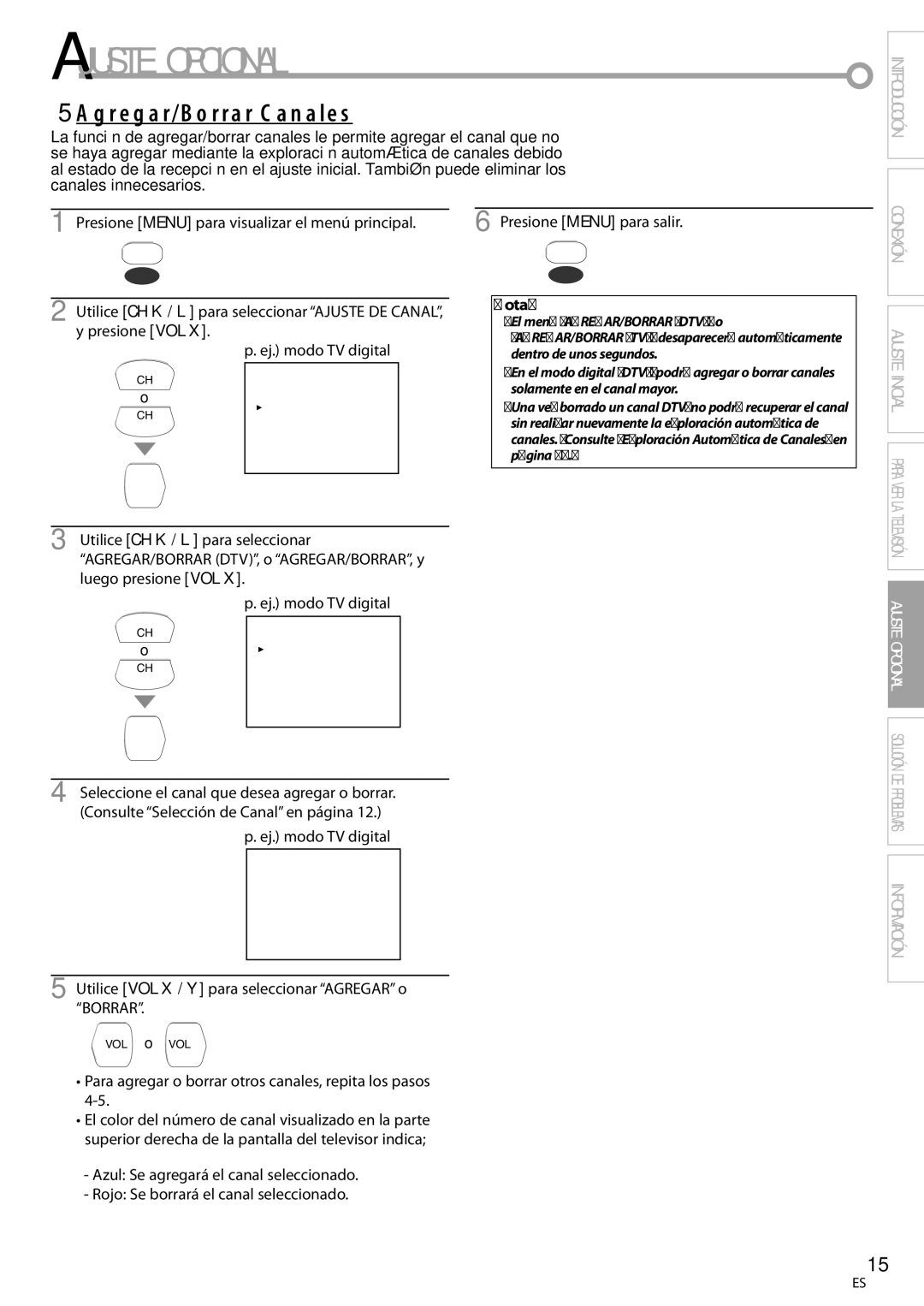 Emerson CR202EM8 owner manual Ajuste Opcional, 5Agregar/Borrar Canales, Utilice VOL X / Y para seleccionar Agregar o Borrar 