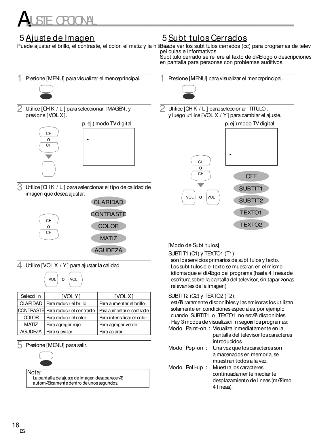 Emerson CR202EM8 owner manual 5Ajuste de Imagen, Vol Y, Modo de Subtítulos SUBTIT1 C1 y TEXTO1 T1, SUBTIT2 C2 y TEXTO2 T2 