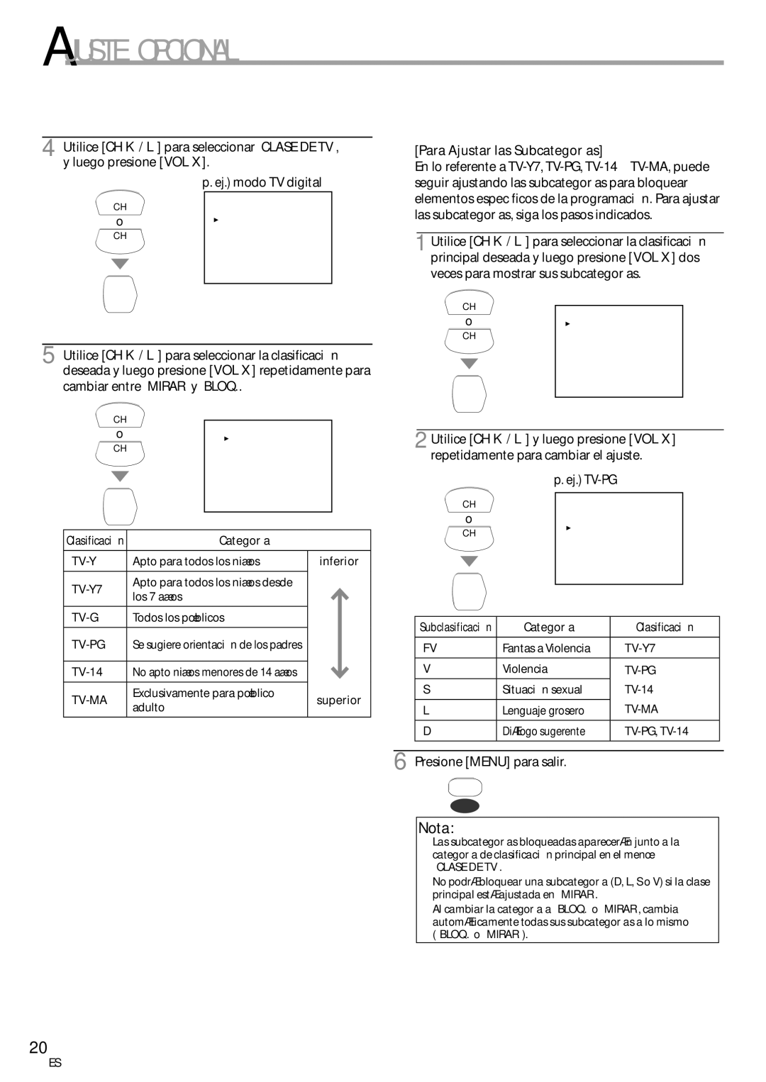 Emerson CR202EM8 owner manual Clase de TV, Para Ajustar las Subcategorías 