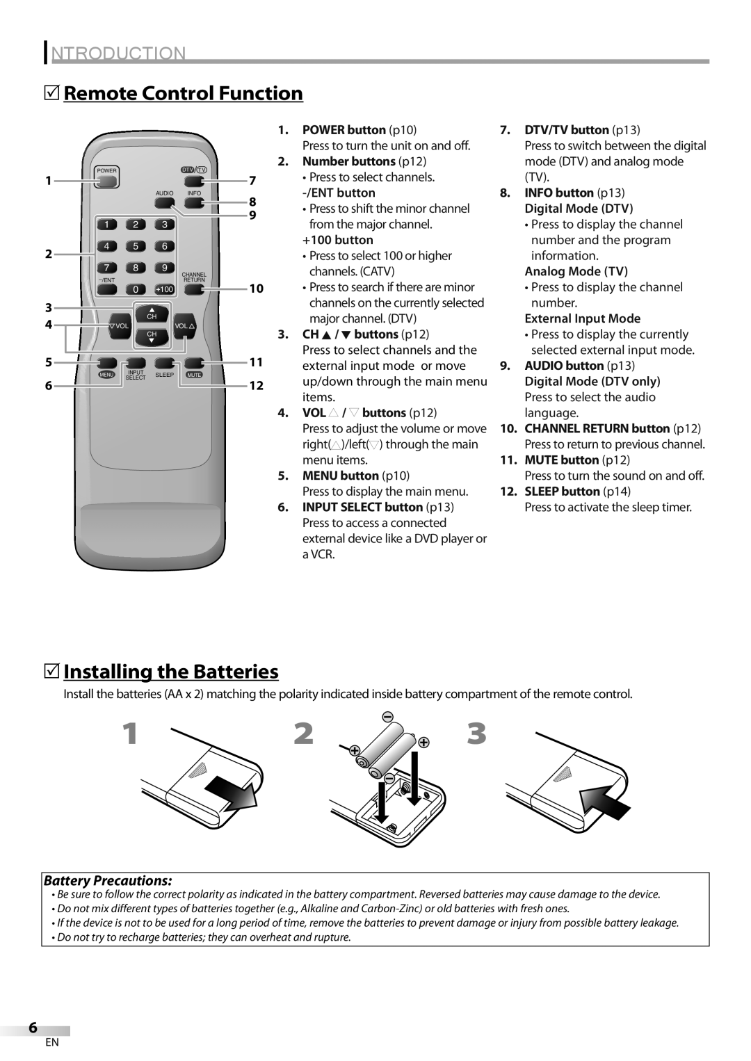 Emerson CR202EM8 owner manual 5Remote Control Function, 5Installing the Batteries 