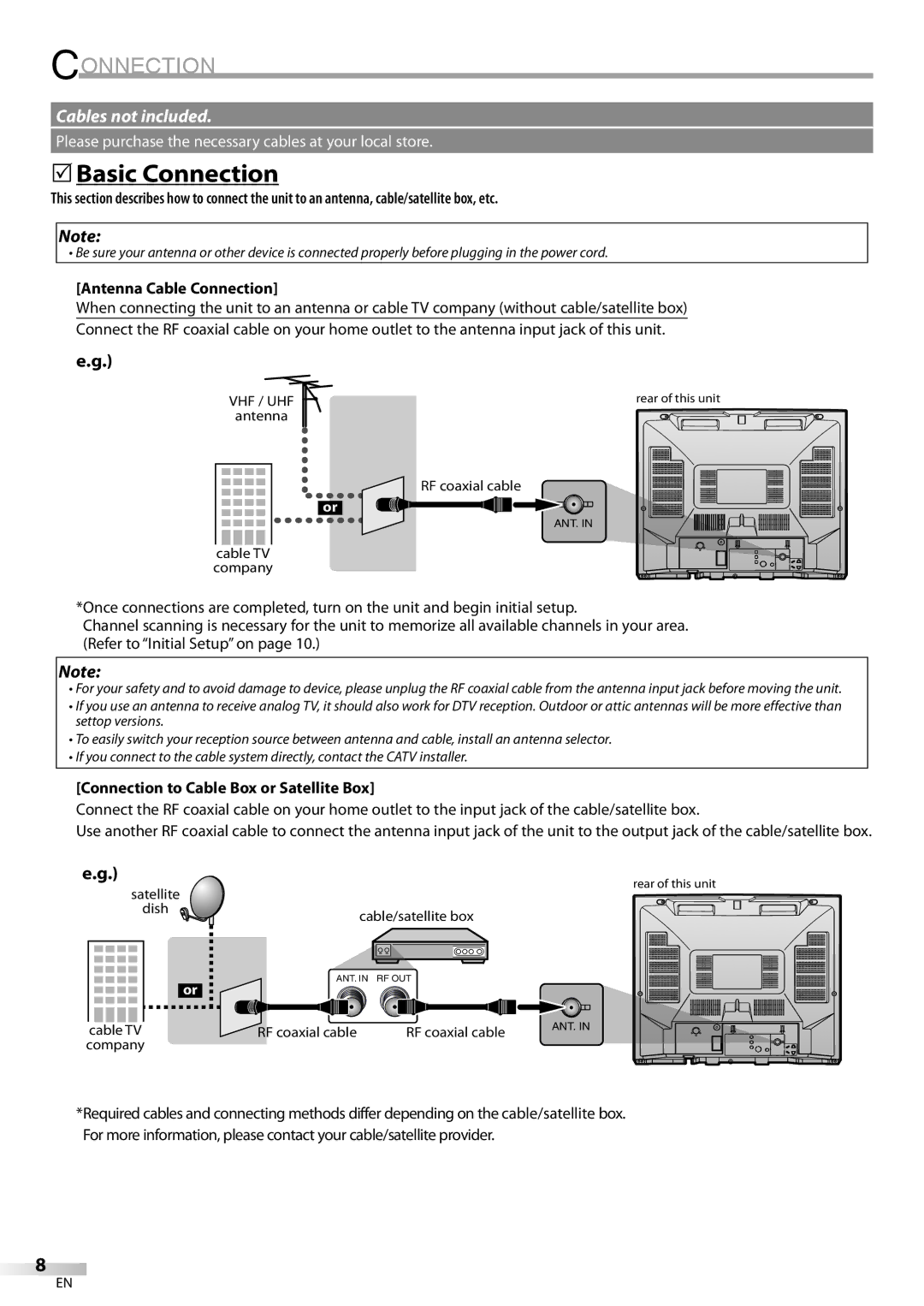 Emerson CR202EM8 owner manual 5Basic Connection, Antenna Cable Connection, Connection to Cable Box or Satellite Box 