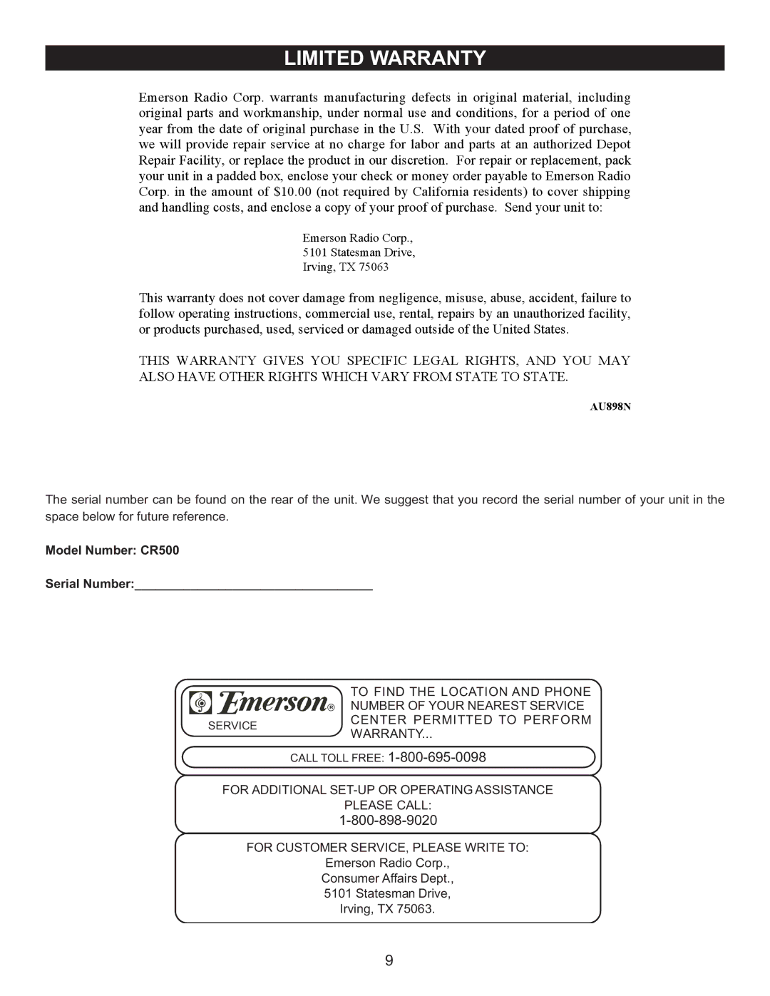 Emerson owner manual Model Number CR500 Serial Number 