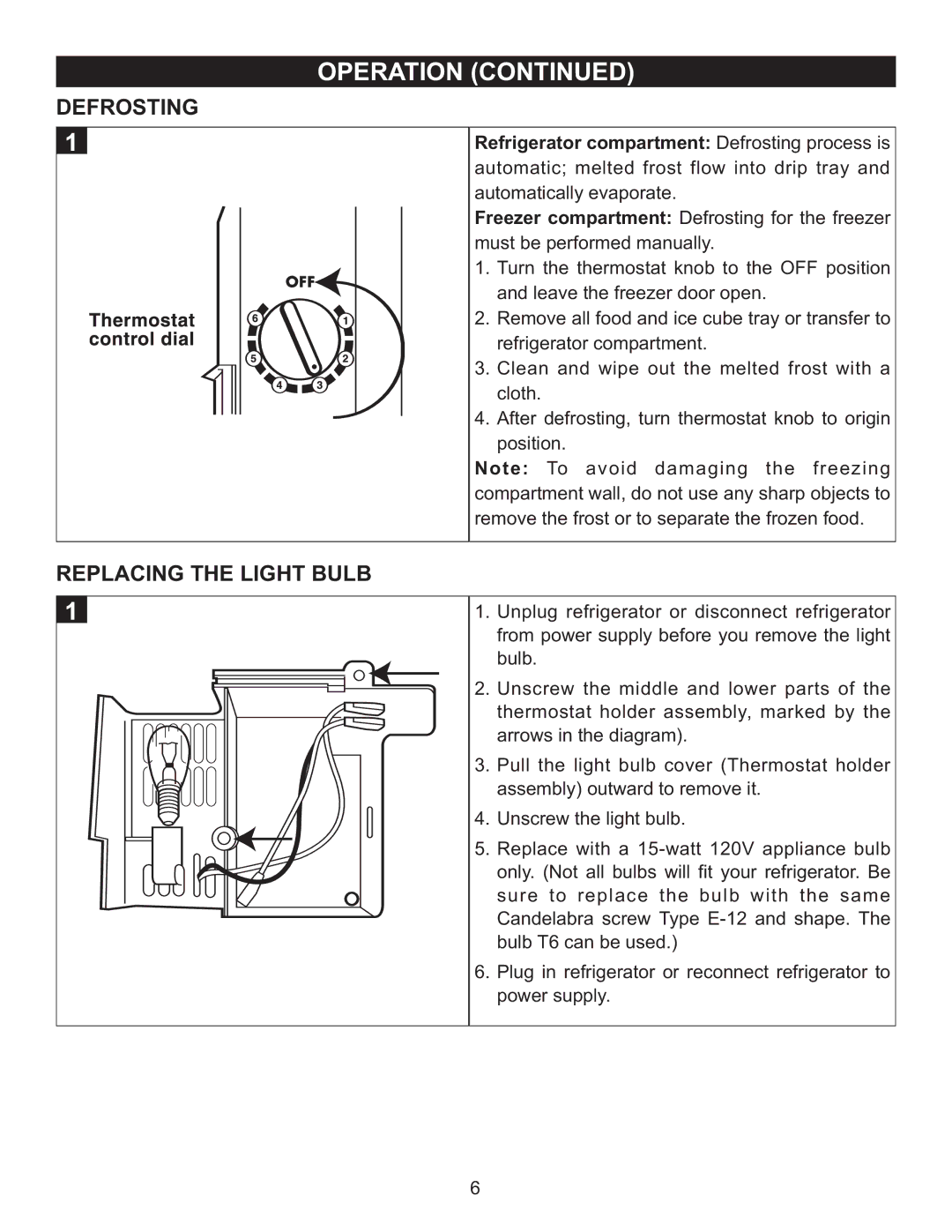 Emerson CR500 owner manual Defrosting, Replacing the Light Bulb 