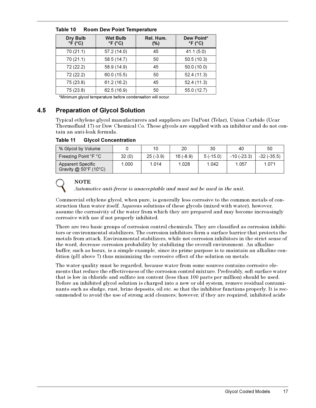 Emerson CSU 3000 installation manual Éïè 3UHSDUDWLRQýRIý*O\FROý6ROXWLRQ, 7DEOHýìí 5RRPýHZý3RLQWý7HPSHUDWXUH, 7DEOHýìì 