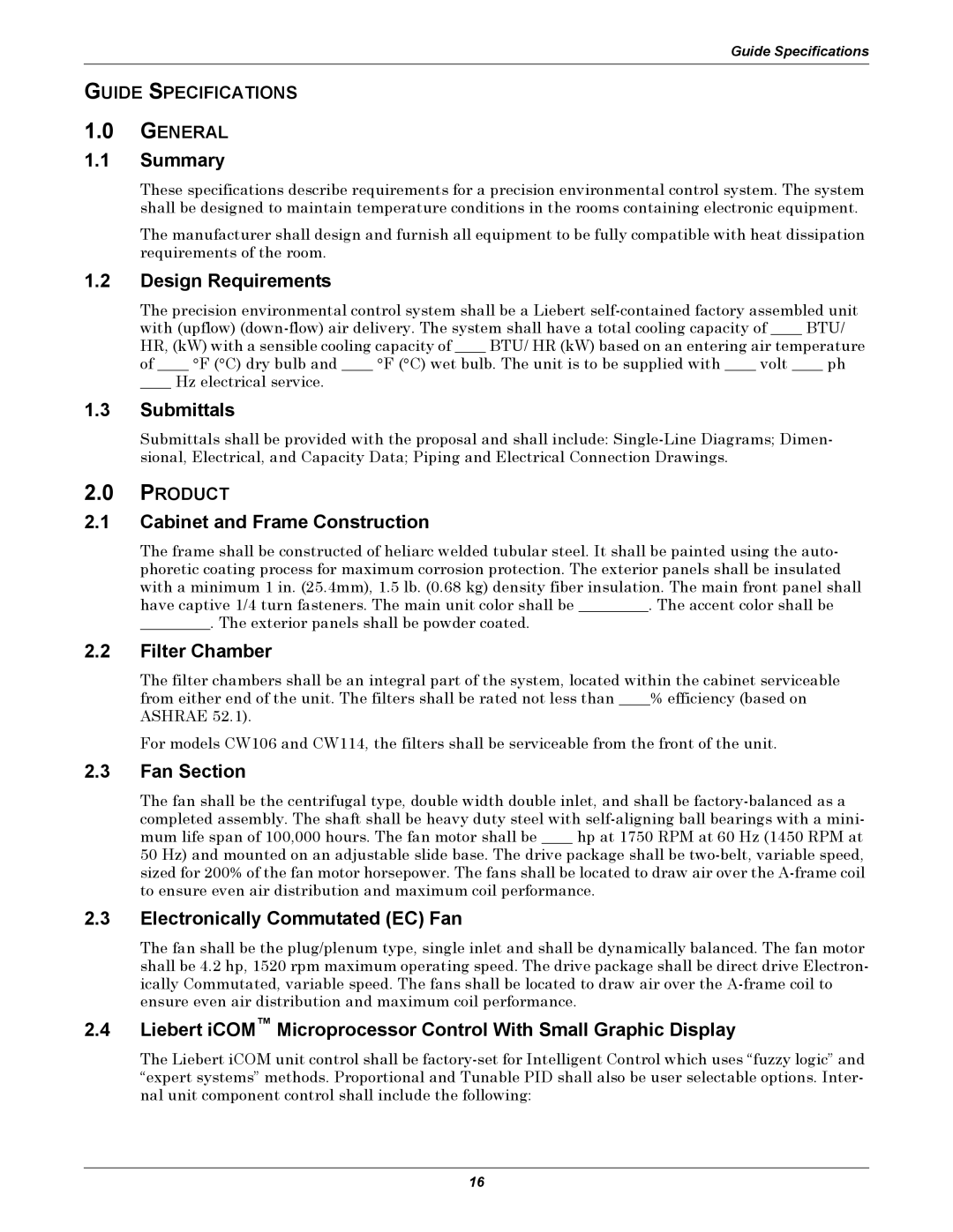 Emerson CW manual Summary, Design Requirements, Submittals, Cabinet and Frame Construction, Filter Chamber, Fan Section 