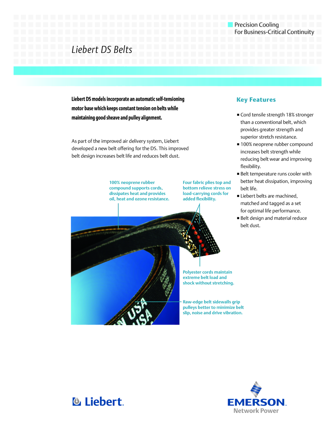 Emerson manual Liebert DS Belts, Liebert DS models incorporate an automatic self-tensioning 