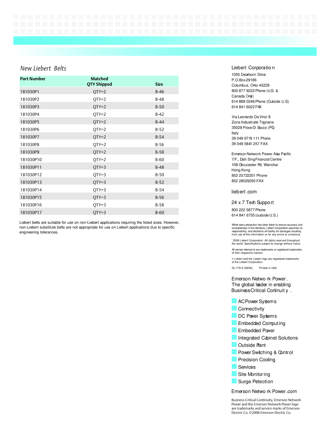 Emerson DS Belts manual Liebert Corporation, Liebert.com 24 x 7 Tech Support, Emerson Network Power, Precision Cooling 
