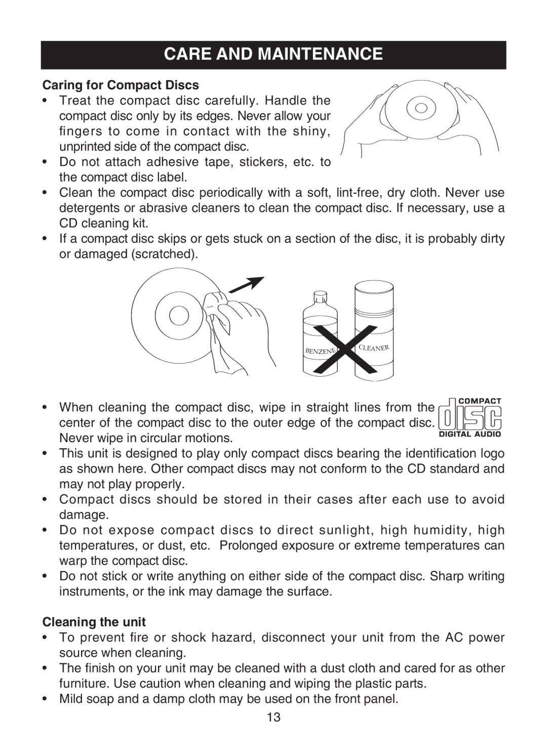 Emerson DTE110 owner manual Care and Maintenance, Caring for Compact Discs 