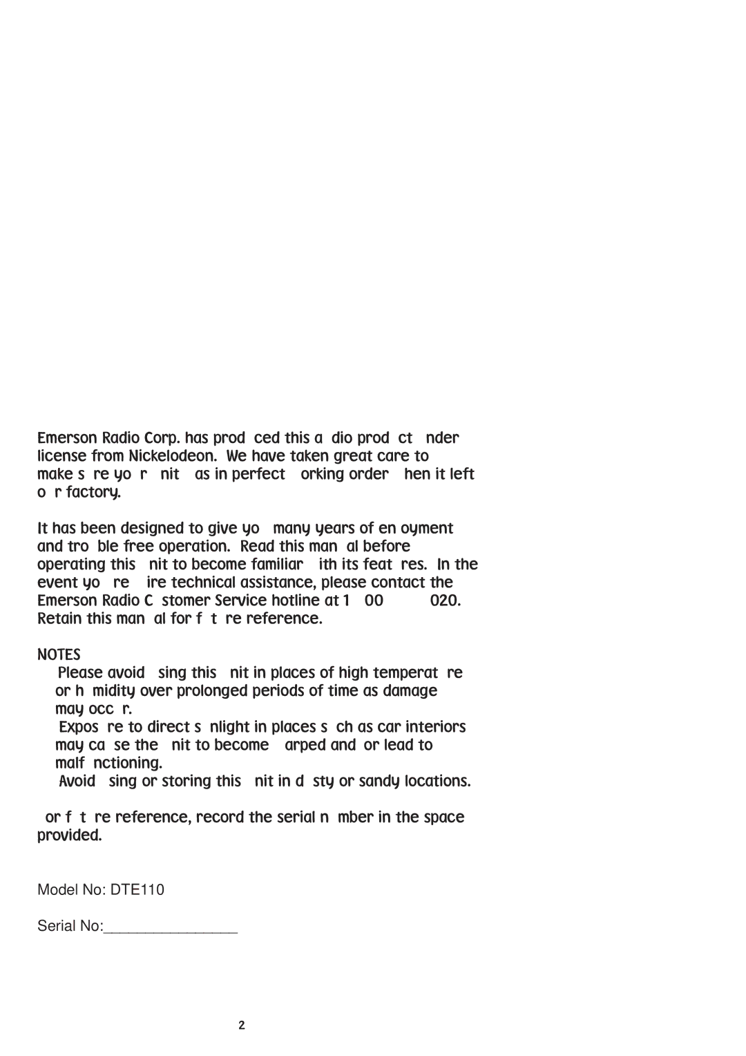 Emerson owner manual Model No DTE110 Serial No 