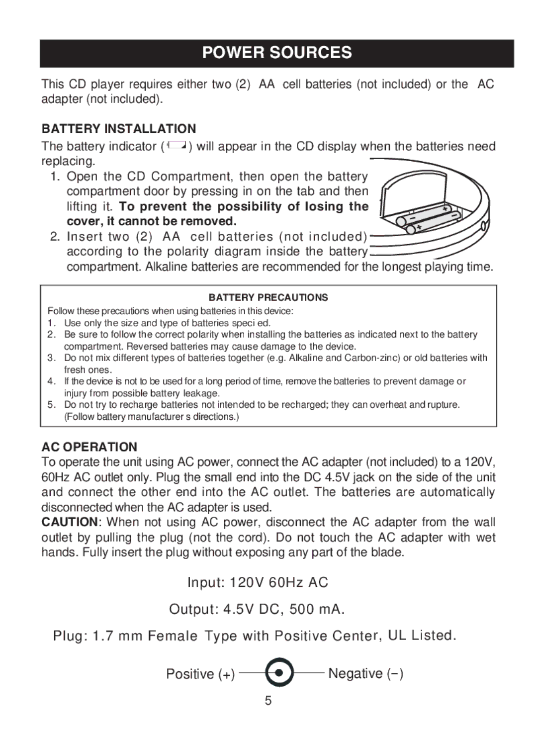 Emerson DTE110 owner manual Power Sources, Battery Installation 