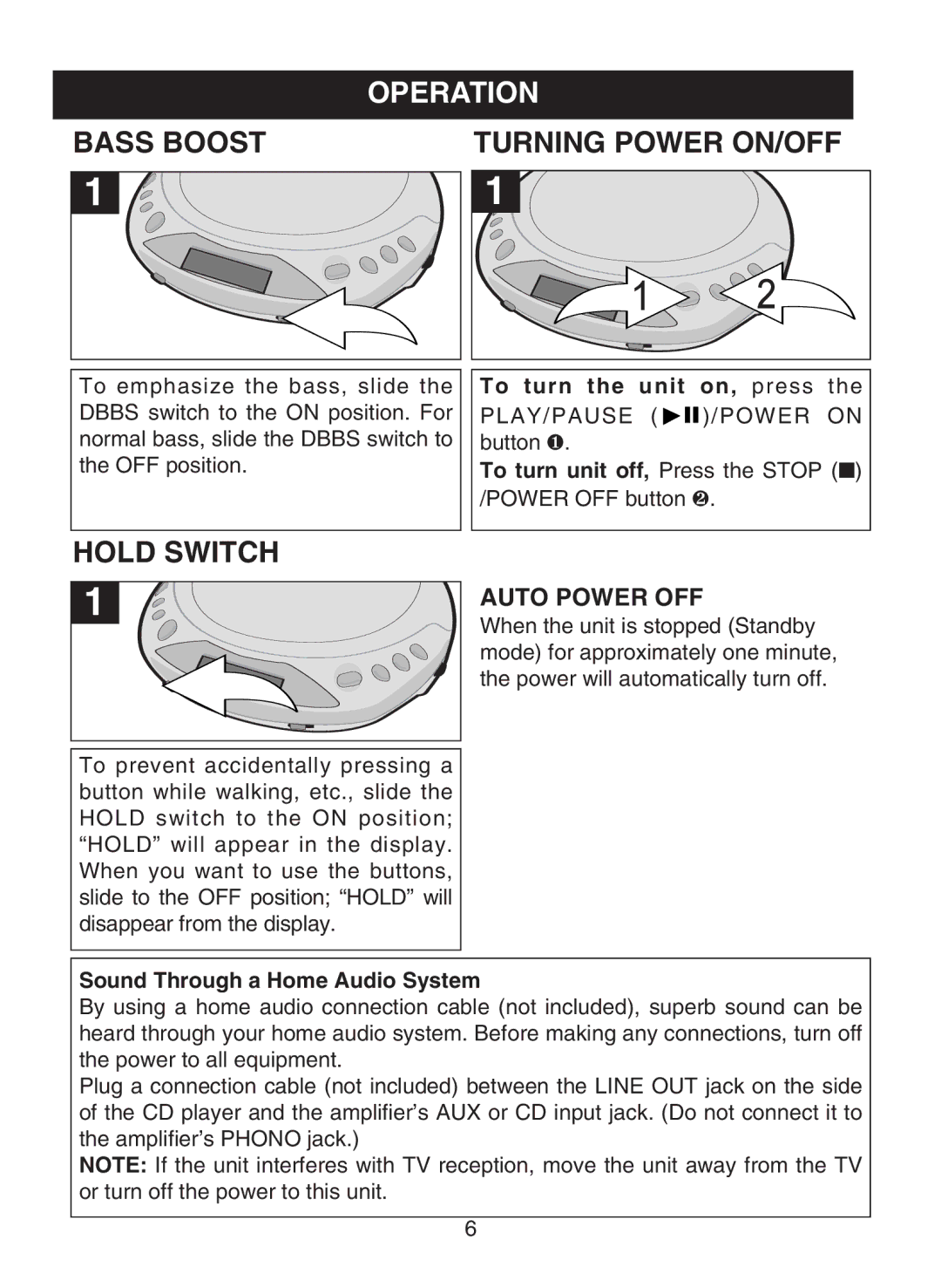 Emerson DTE110 owner manual Operation, Bass Boost, Hold Switch 