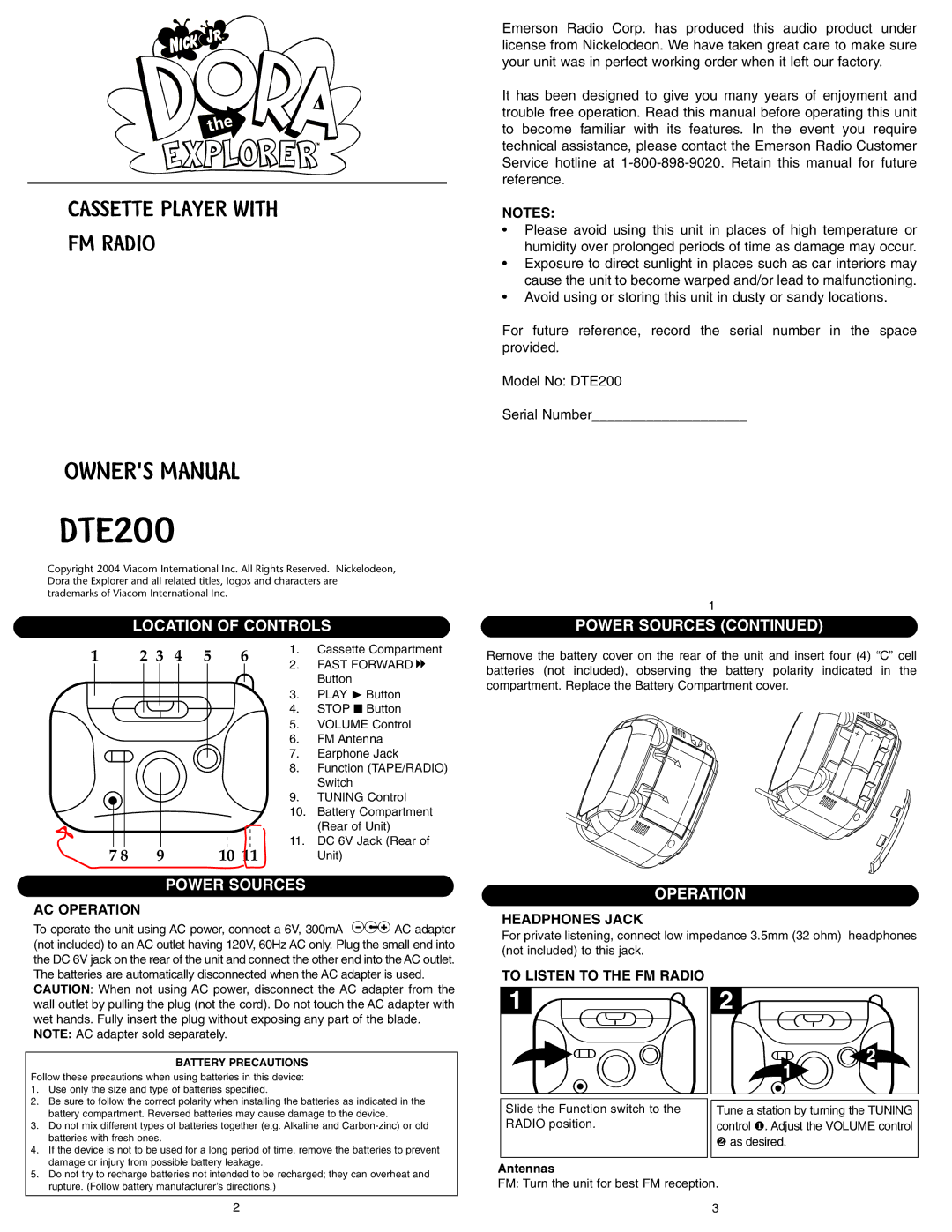 Emerson DTE200 owner manual Location of Controls, Power Sources, Operation 