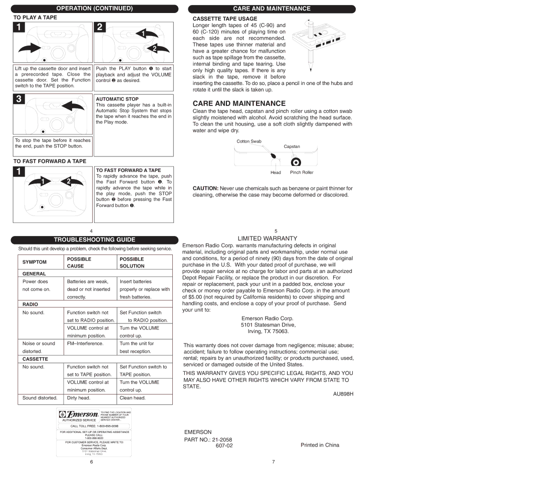 Emerson DTE200 Care and Maintenance, Troubleshooting Guide, To Play a Tape, Cassette Tape Usage, To Fast Forward a Tape 