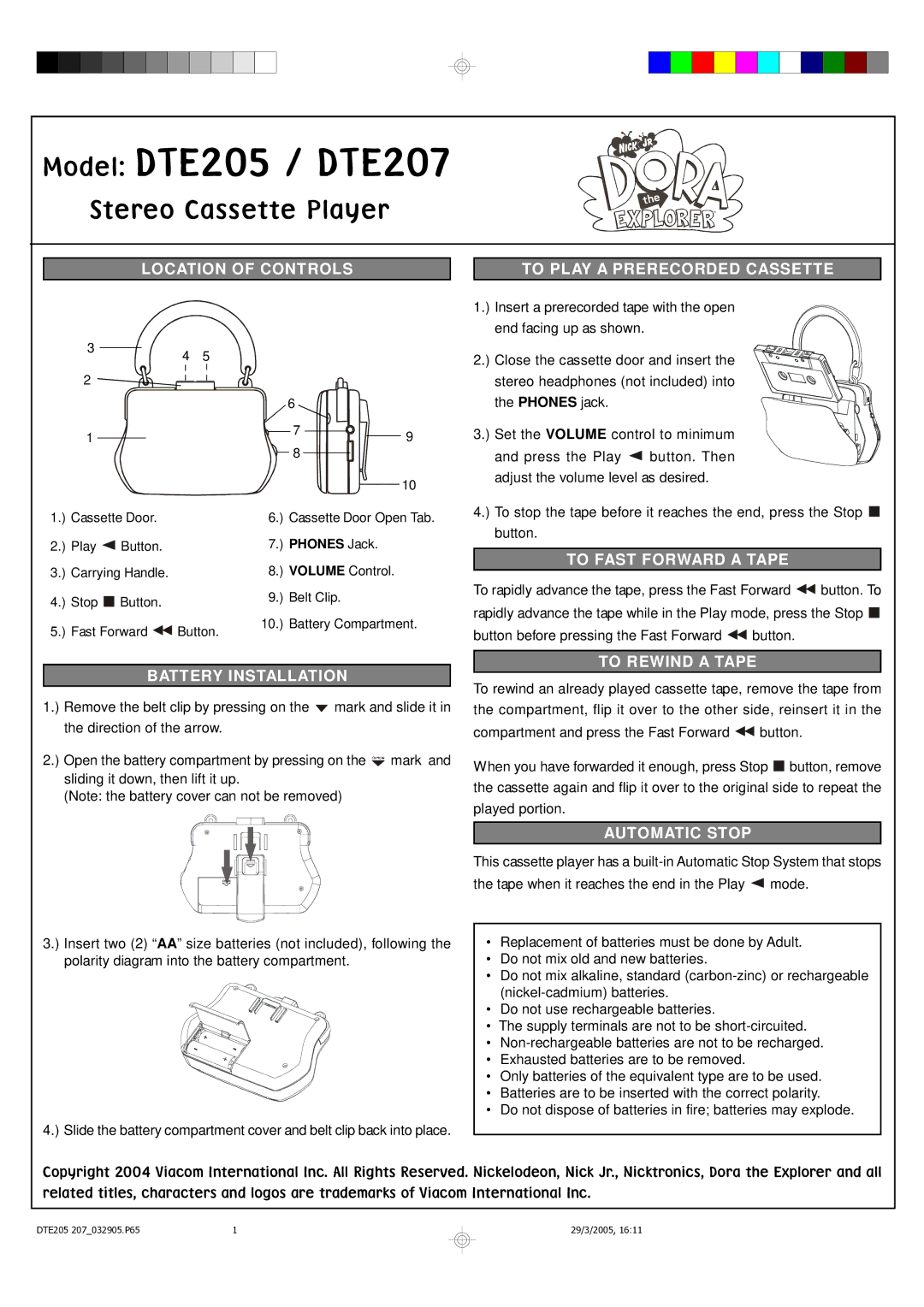 Emerson DTE205 manual Location of Controls, To Play a Prerecorded Cassette, To Fast Forward a Tape, Battery Installation 